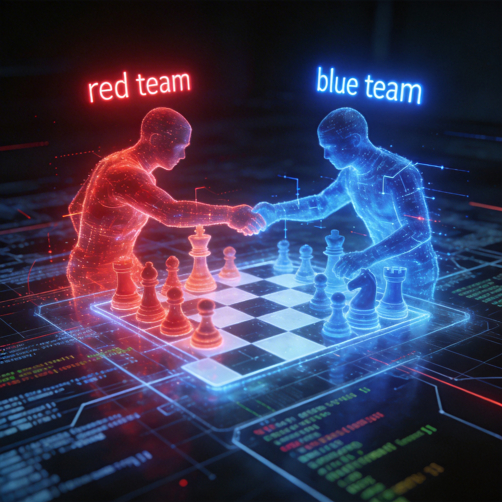 Red and blue digital figures representing AI red/blue teaming over a network.