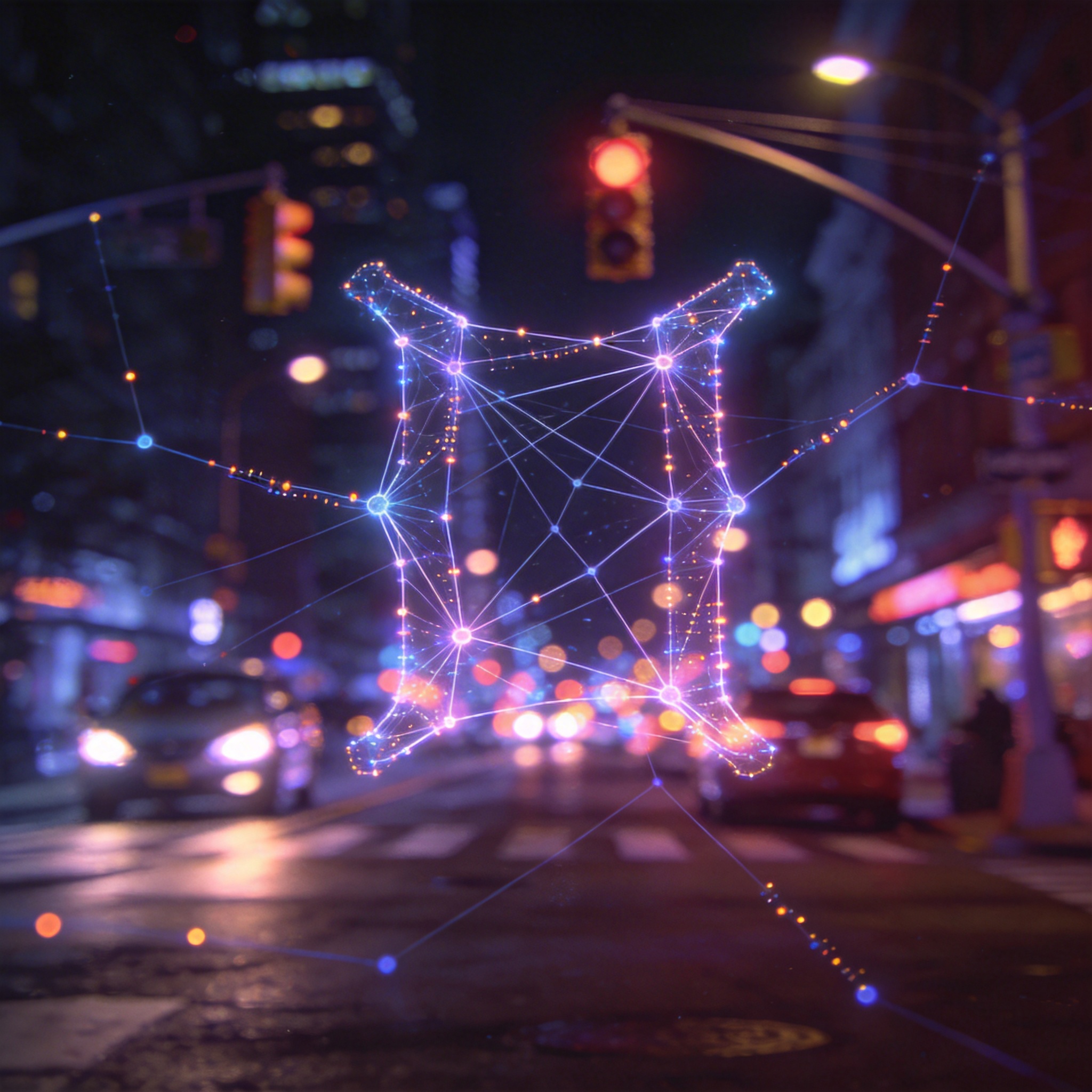 Neural network overlaying a city street, symbolizing AI's interpretation of real-world structures.