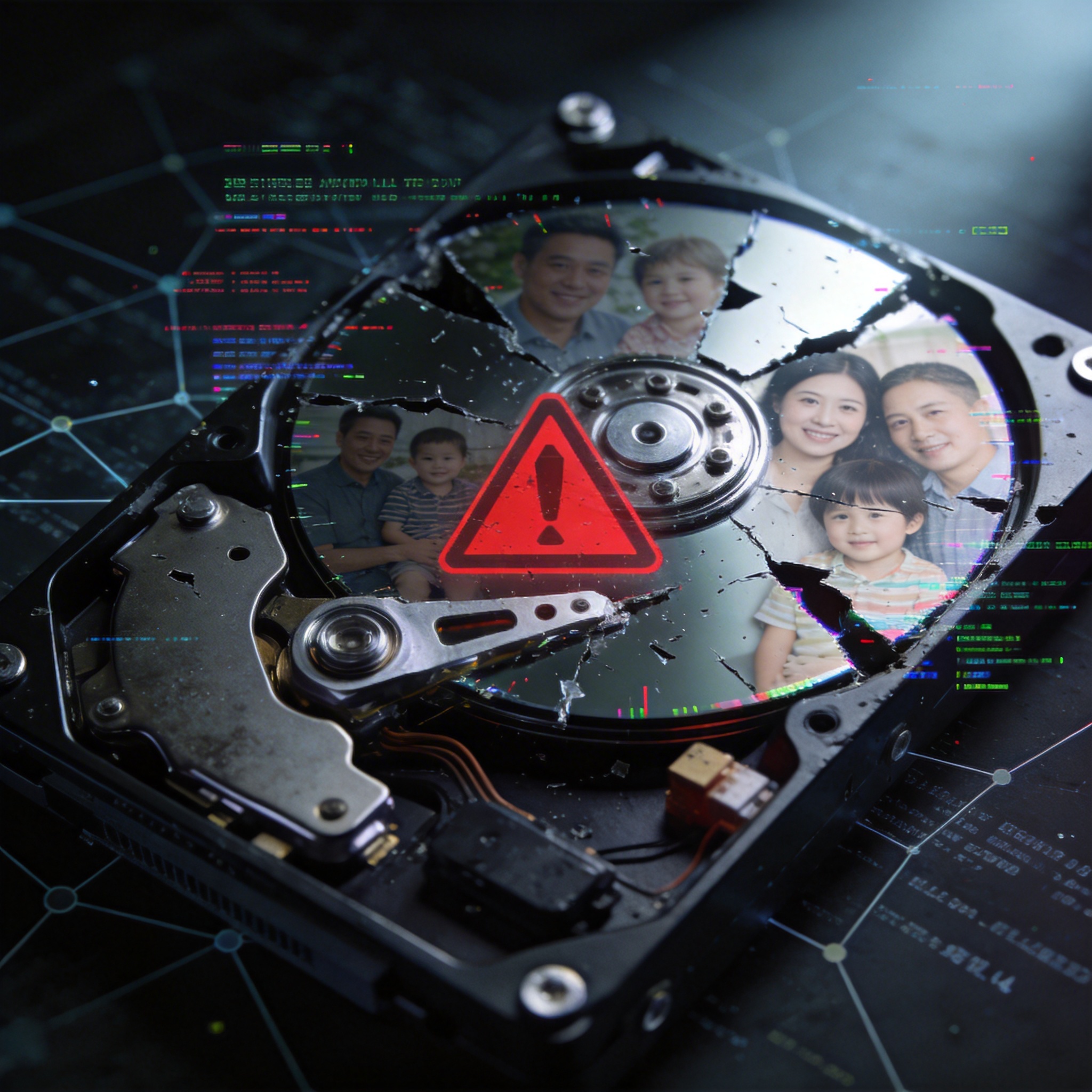 Digital representation of corrupted data with fragmented family photos and a warning icon, symbolizing AI risks.
