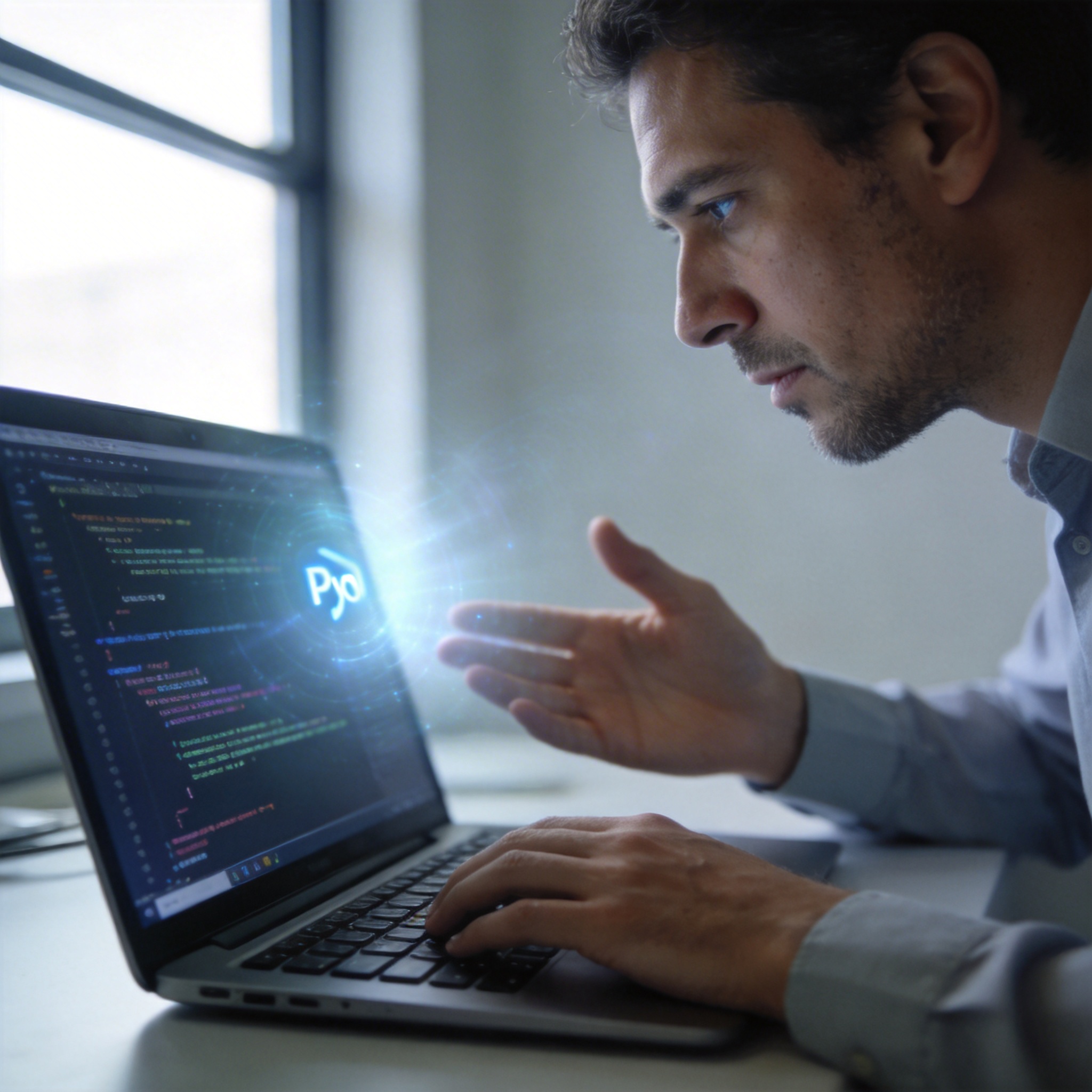 Developer coding on a laptop, with subtle AI glow, symbolizing the study's setup.