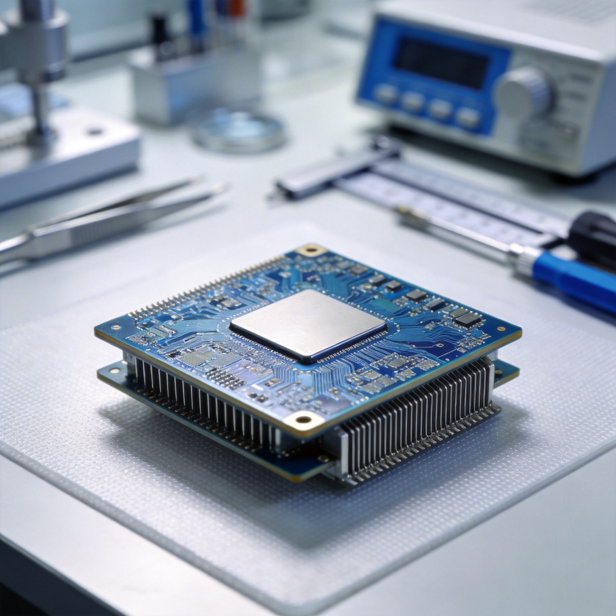 Detailed view of a high-performance AI chip on an anti-static mat in a lab setting.