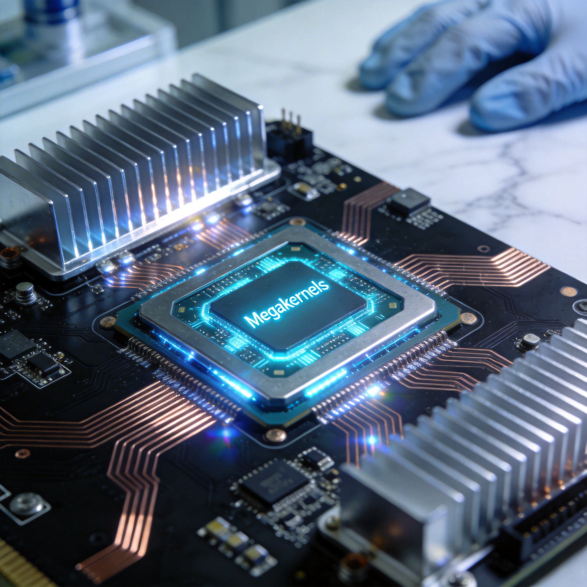 Close-up of a GPU with glowing 'Megakernels' representing hardware innovation.