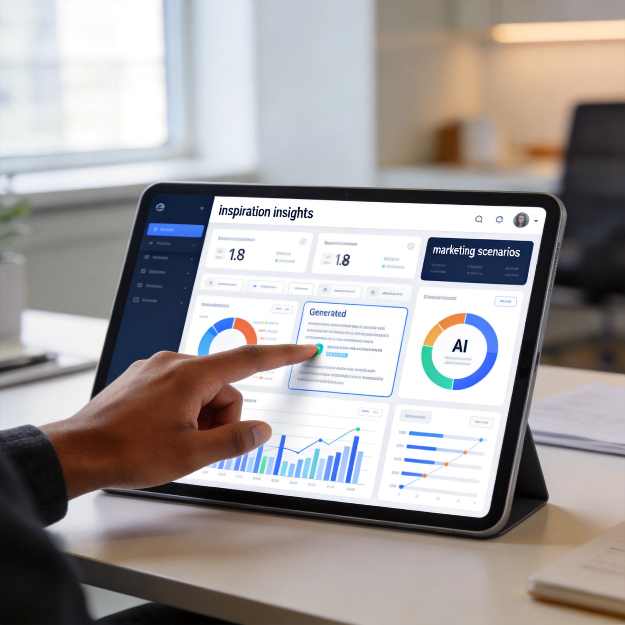 Tablet displaying AI-generated marketing insights and scenarios, with a hand pointing.