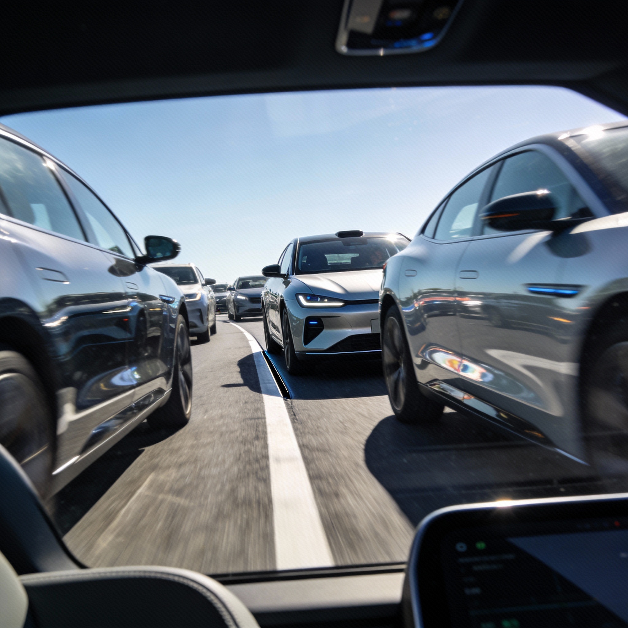 An autonomous vehicle decisively merging into a small gap in heavy, fast-moving urban traffic, viewed from the empty driver's seat.