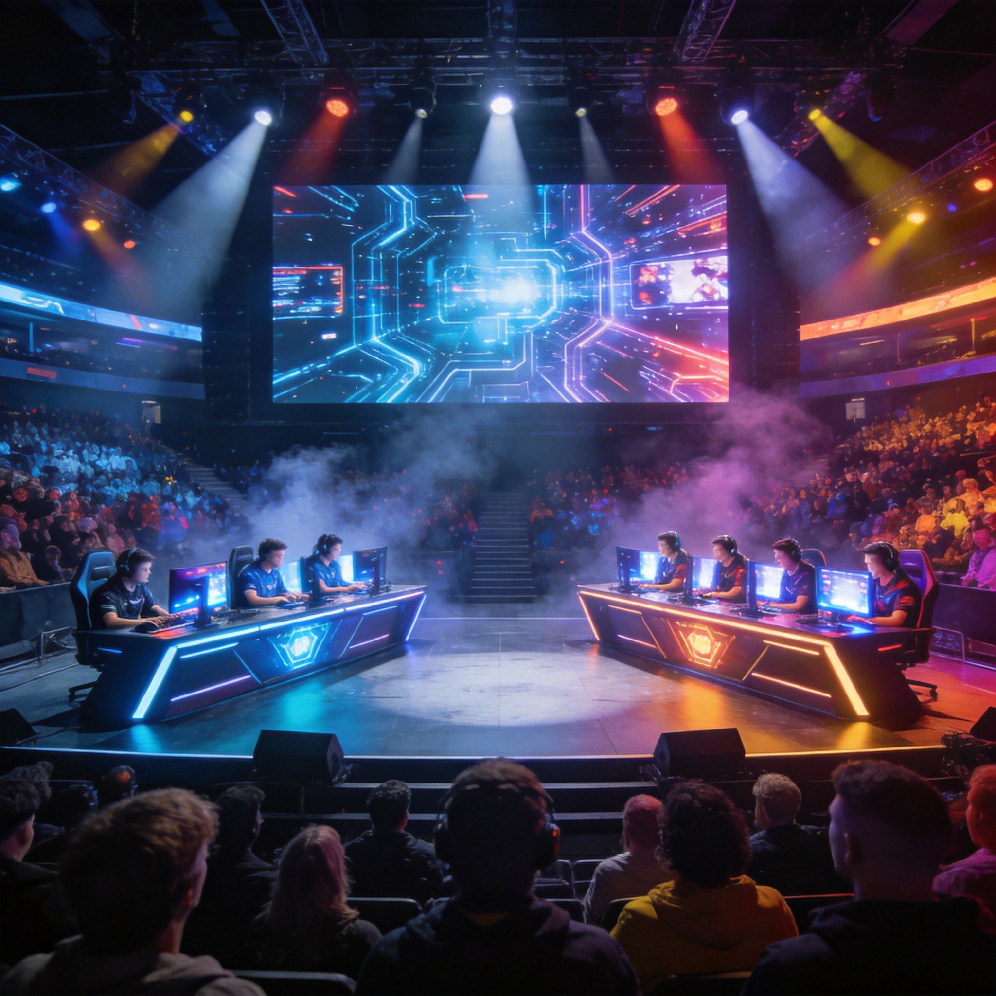 Two teams competing in a vibrant esports arena, with a large screen displaying AI-generated content and an audience watching.