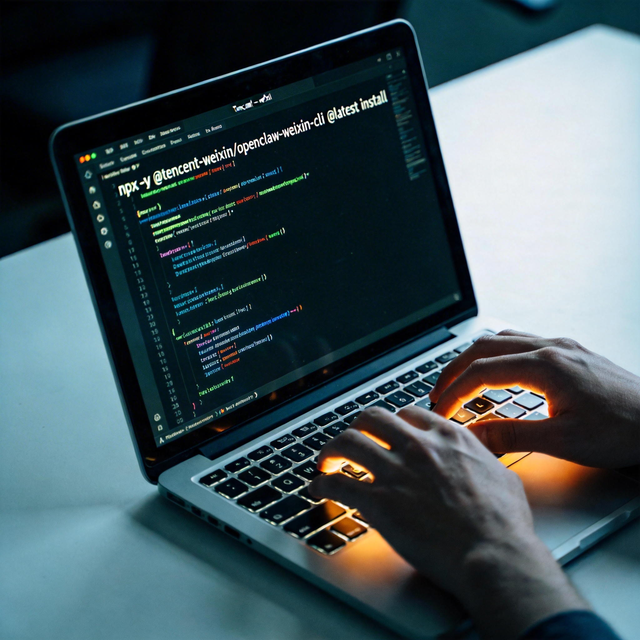 Hands typing on a laptop, showing a command-line interface with the 'openclaw-weixin-cli' installation command.