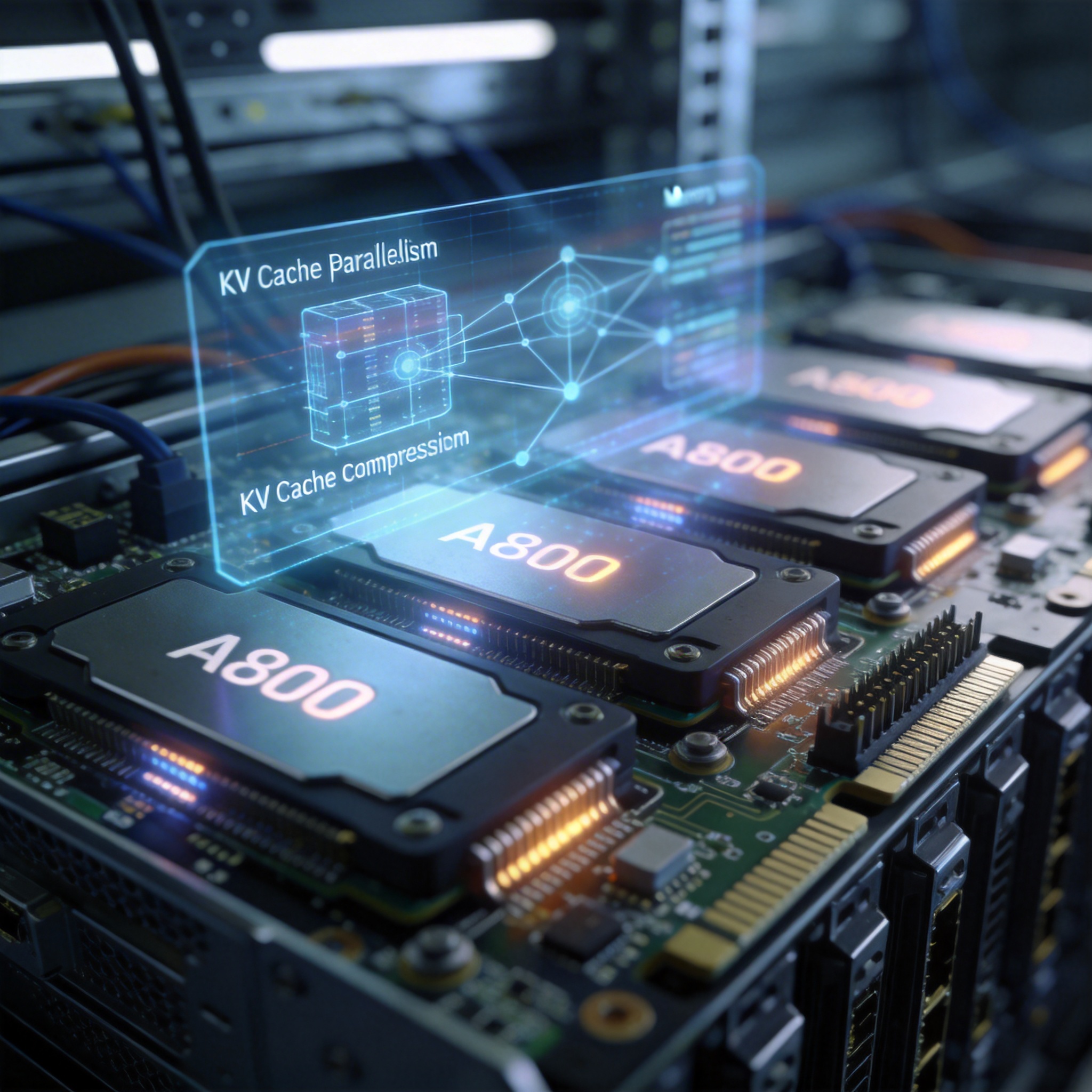 Close-up of A800 GPUs with holographic data overlay, illustrating memory parallelism.