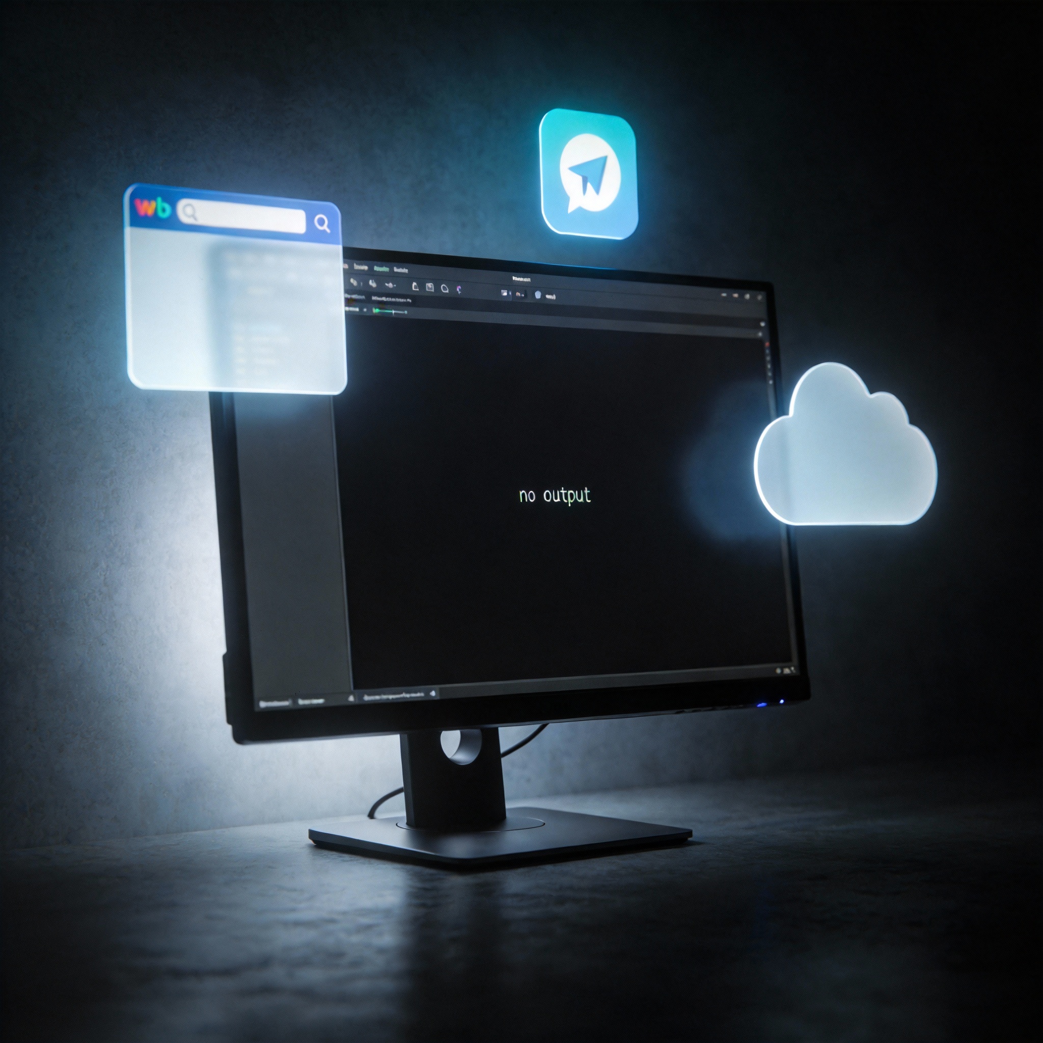 Empty terminal window with glowing icons of web, messaging, and cloud apps around it, symbolizing redirected output.