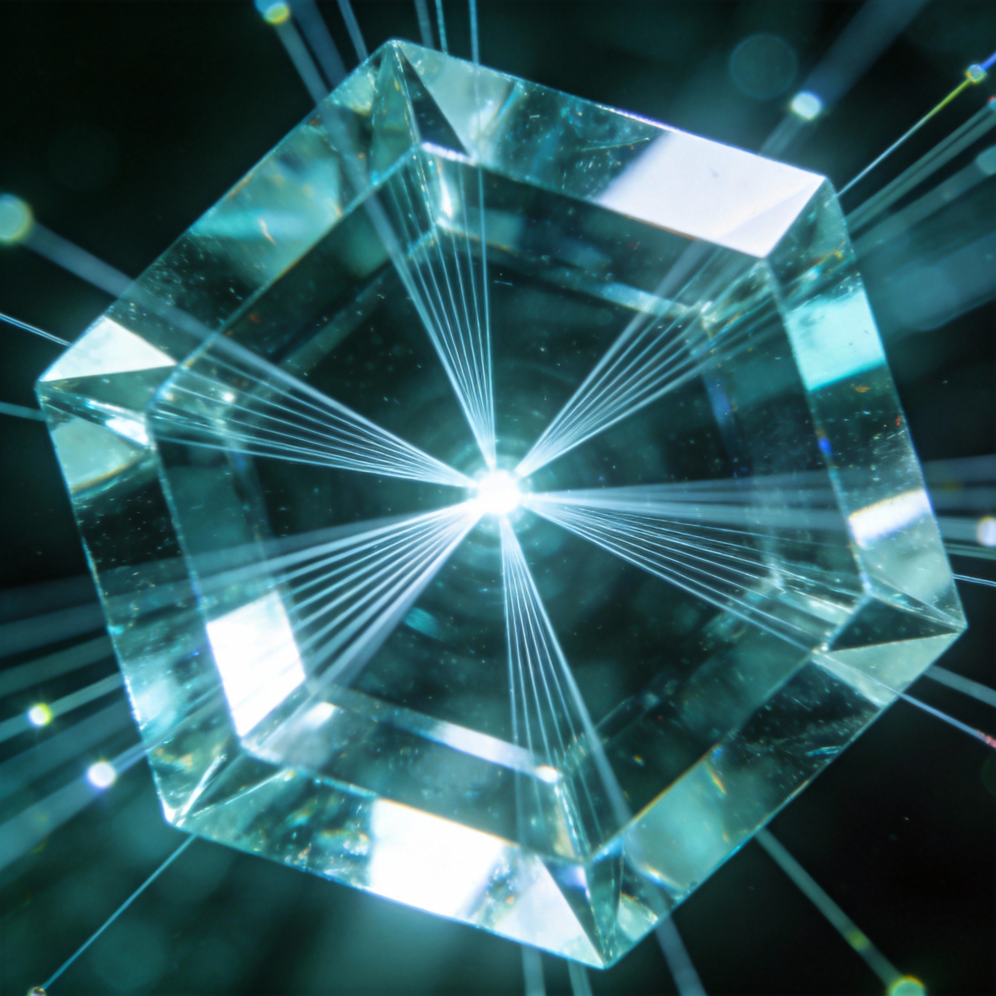 Abstract visualization of light beams focusing through crystalline lenses, representing adaptive AI reasoning.
