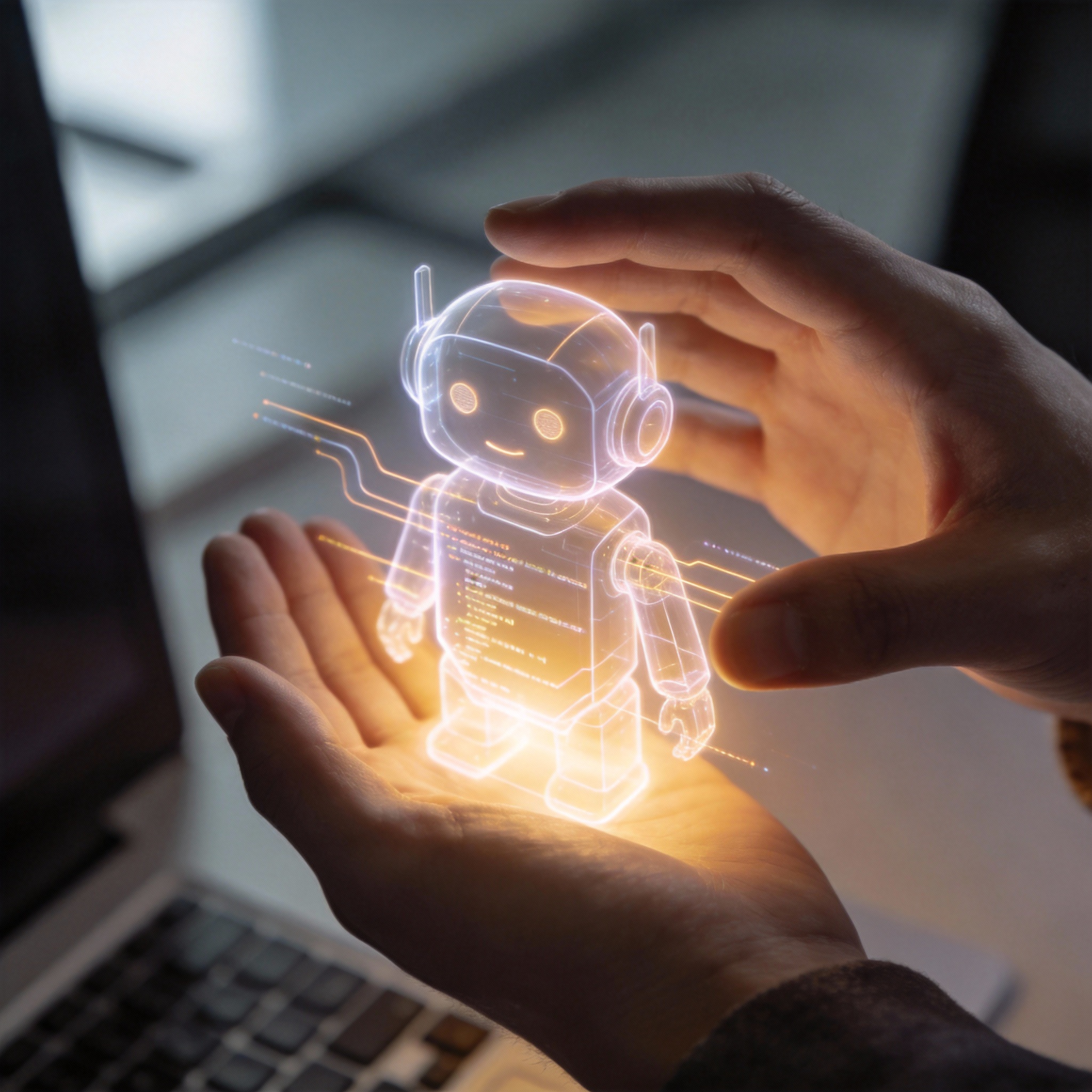 A human hand interacting with a glowing, translucent AI interface, symbolizing user guidance.