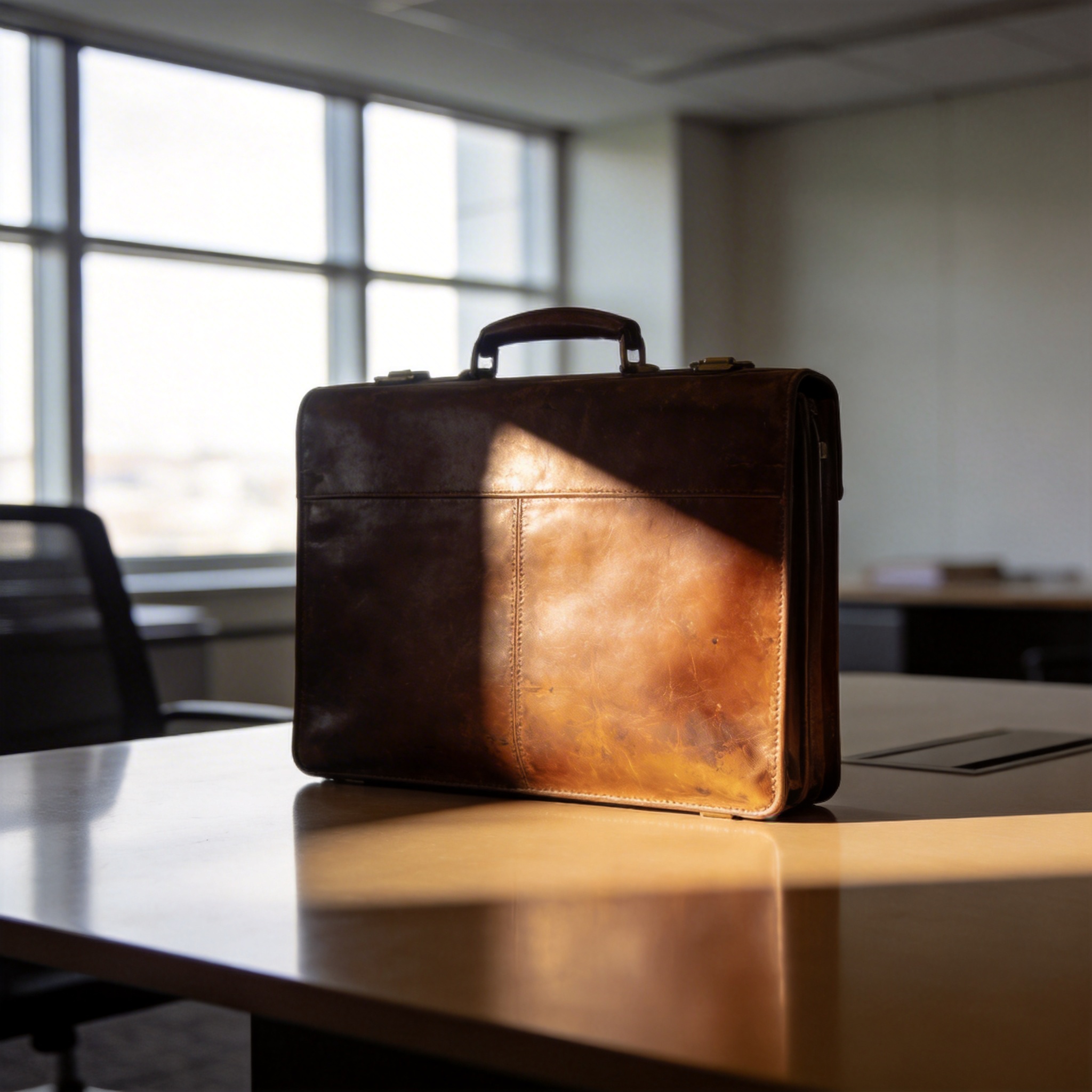 A professional leather briefcase on an empty, polished desk in a modern office, symbolizing departure.