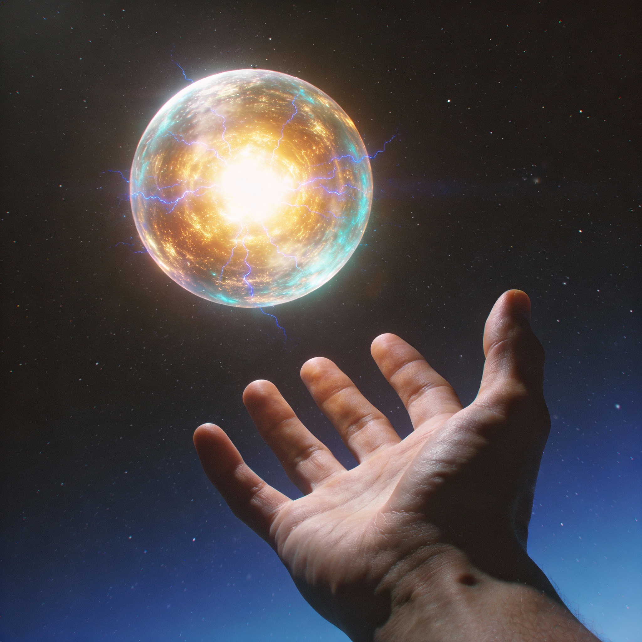 A human hand reaching towards a softly glowing, ethereal sphere of light in a dark space, symbolizing the dawn of AGI.