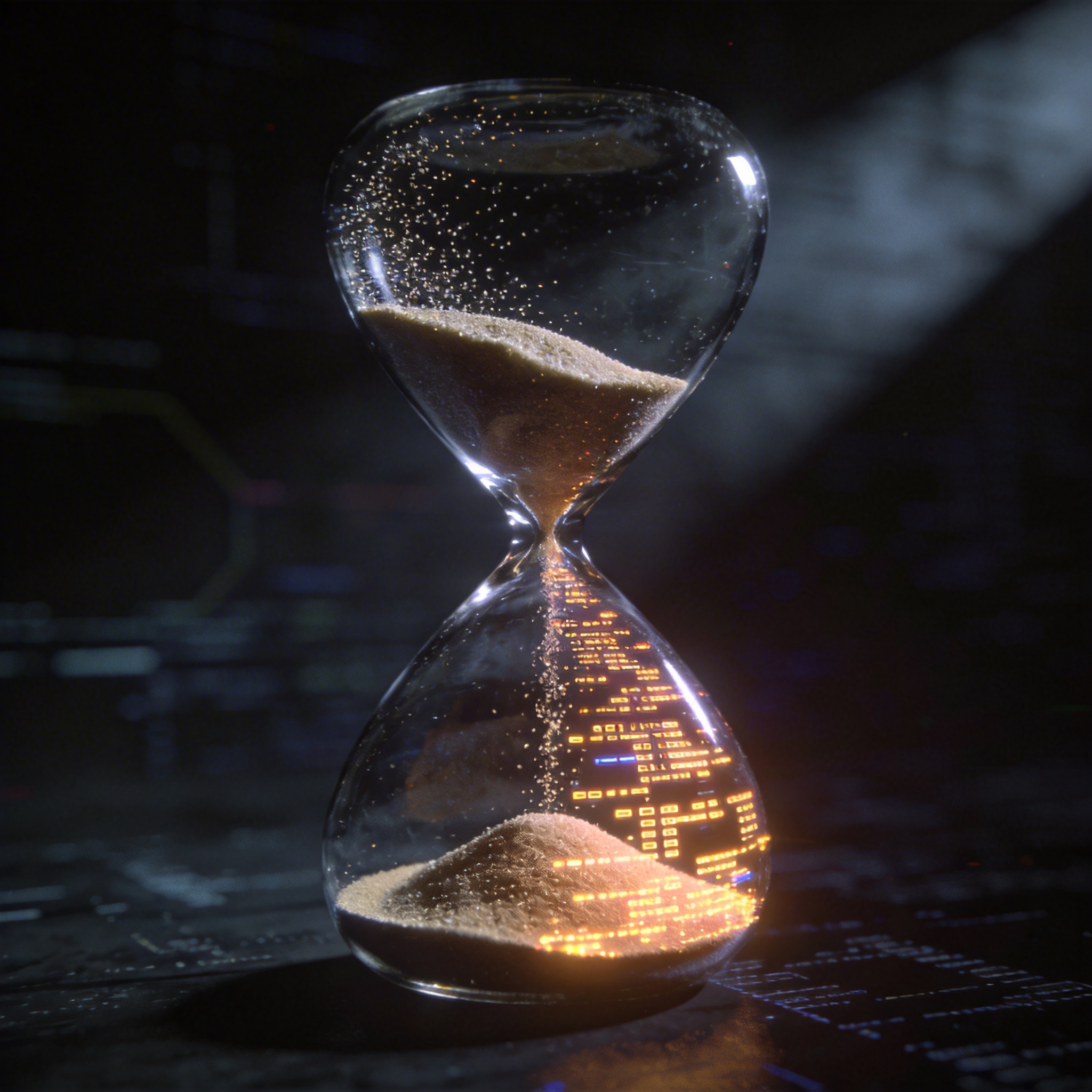 Digital hourglass with glowing data bits, symbolizing rapid technological obsolescence in AI.