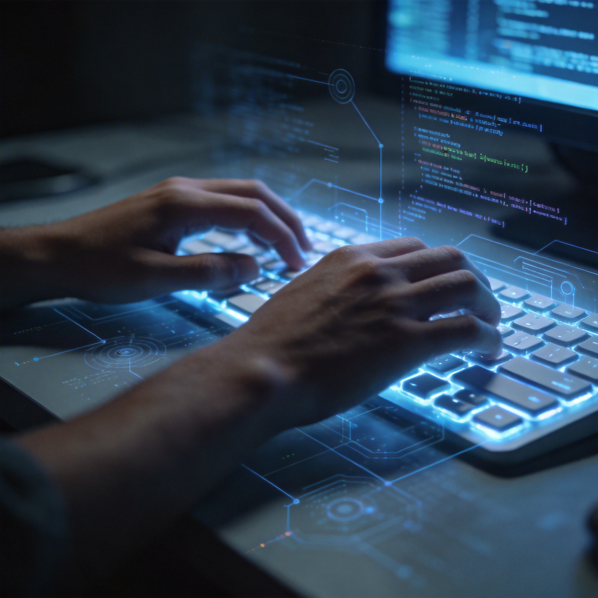 Hands typing on a keyboard, surrounded by glowing AI data visualizations, symbolizing intense interaction.