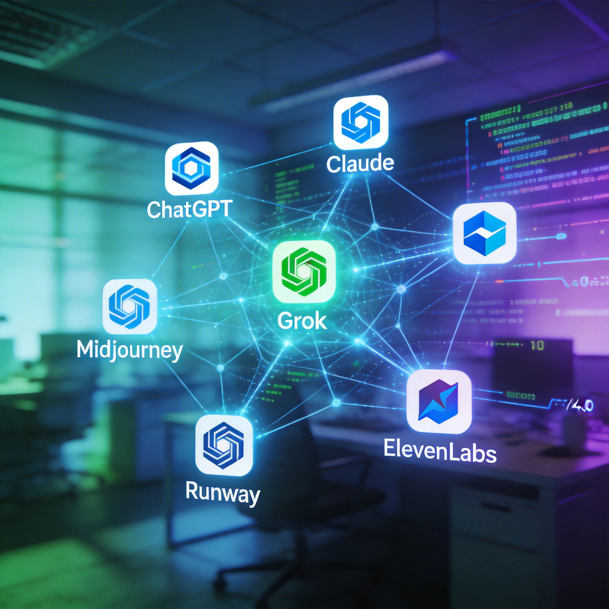 Interconnected AI tools like ChatGPT, Midjourney, and ElevenLabs, symbolizing Medvi's operations.