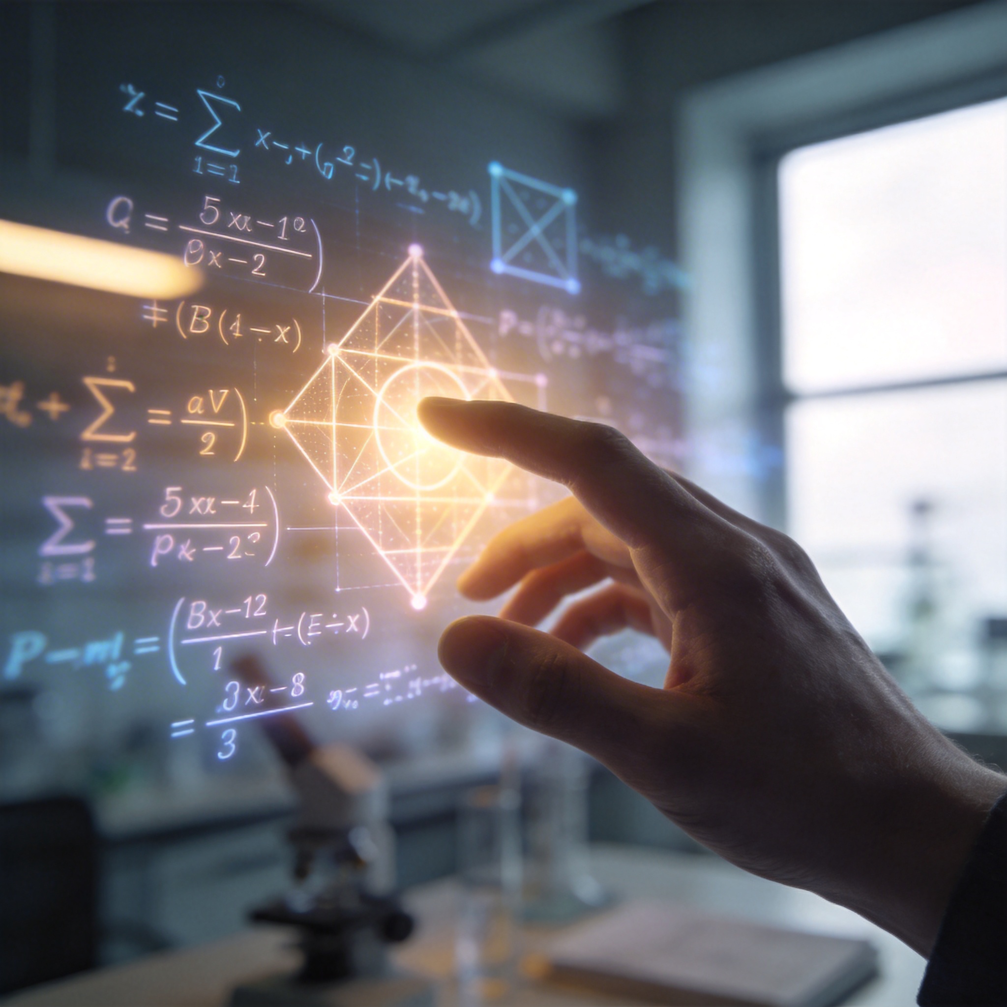 Human hand interacting with holographic mathematical formulas, symbolizing AI's impact on mathematical proofs.