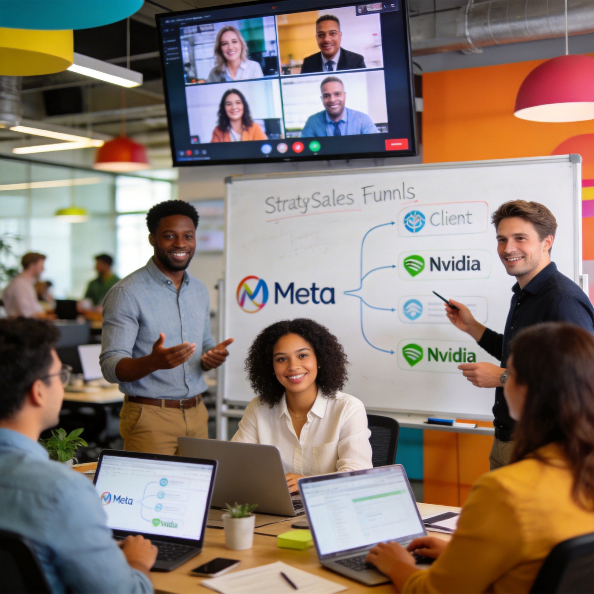 Professional sales team in a modern office, engaging with clients and displaying major client logos, symbolizing enterprise focus.