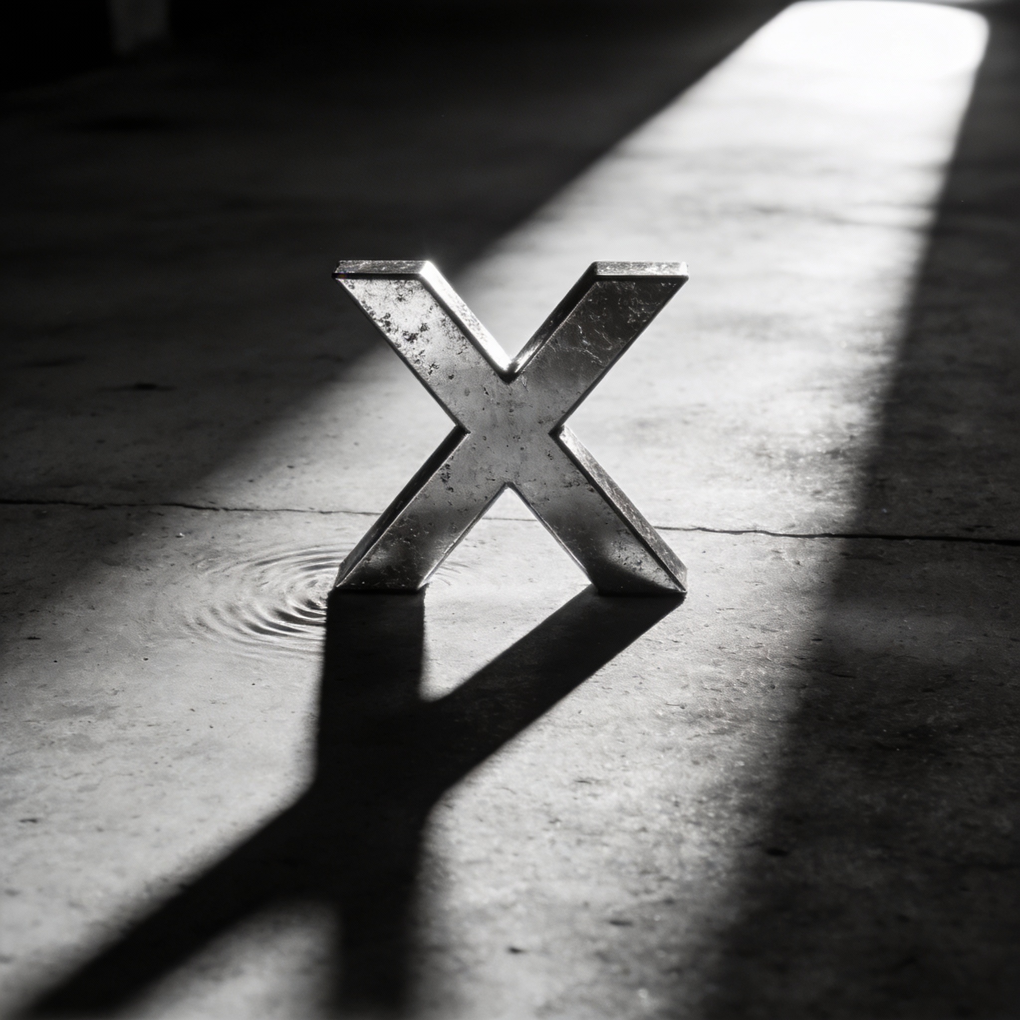 A stark, metallic 'X' symbol casts a long shadow on concrete, with a subtle ripple, symbolizing instability.
