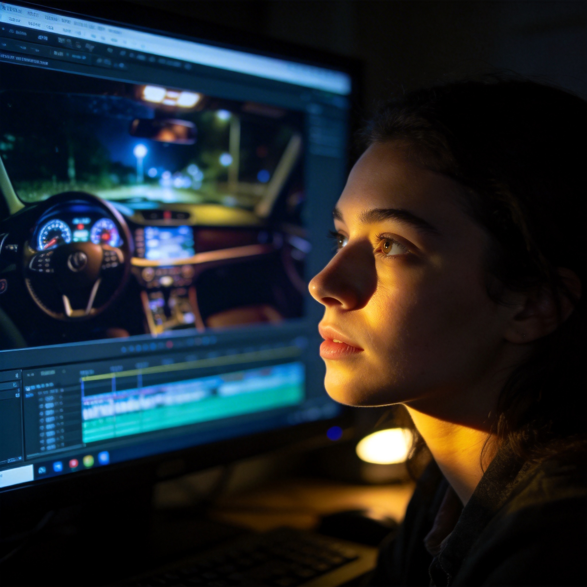 Jean, a film student, intently reviewing a night scene on a monitor in a dark editing suite.