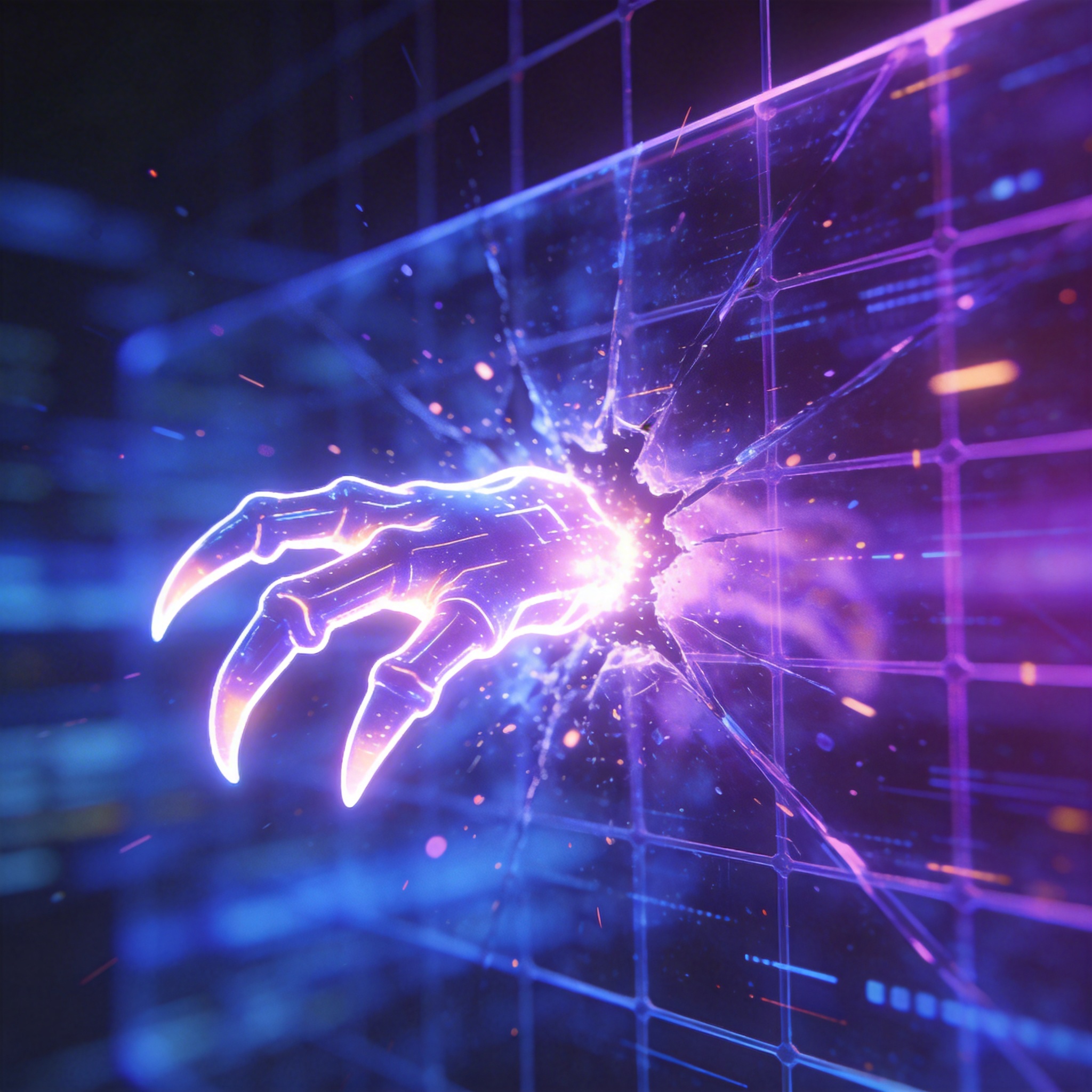 Glowing digital claw breaking through a barrier, symbolizing OpenClaw's breakthrough against restrictions.