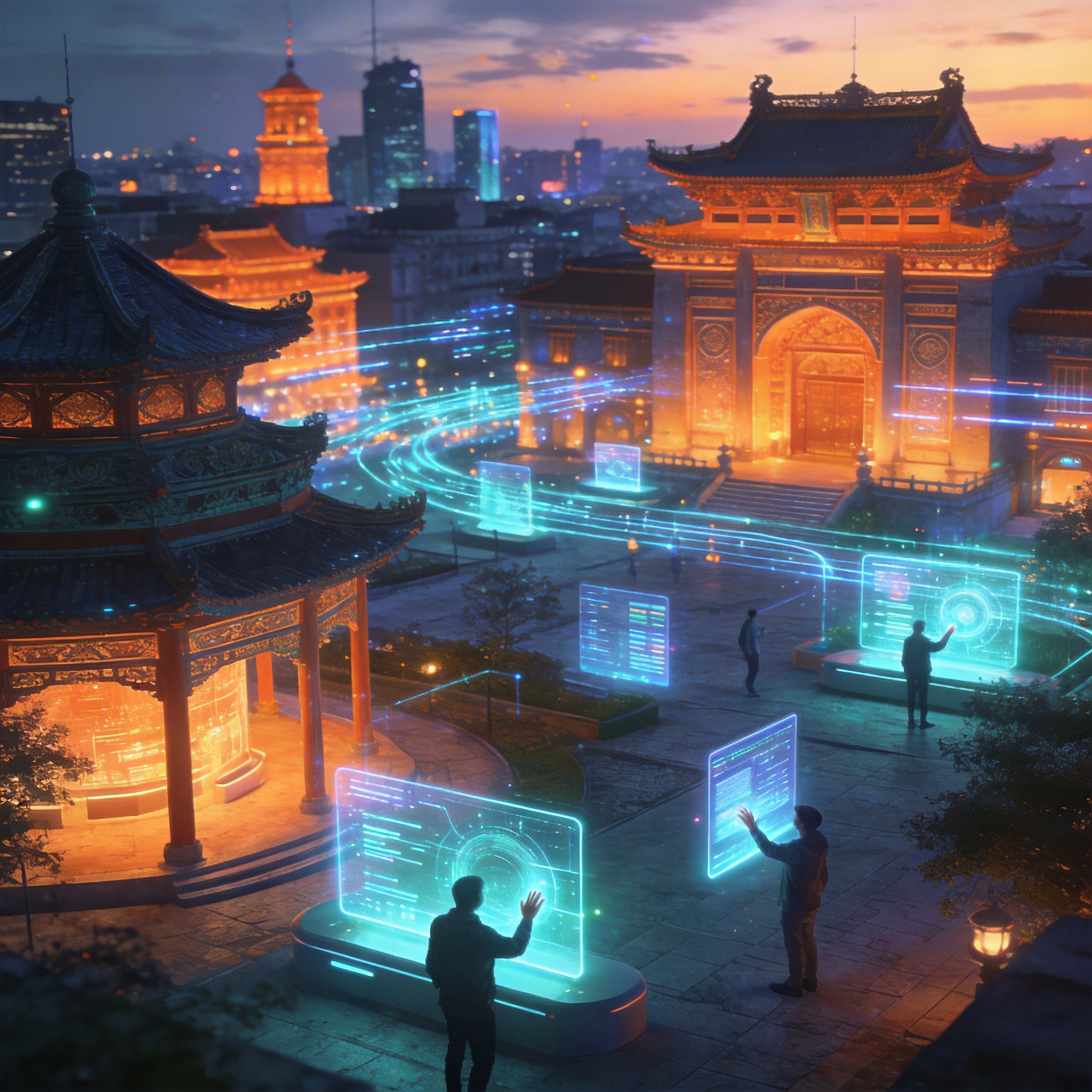 Futuristic cityscape with digital interfaces, illustrating AI integration into daily life.