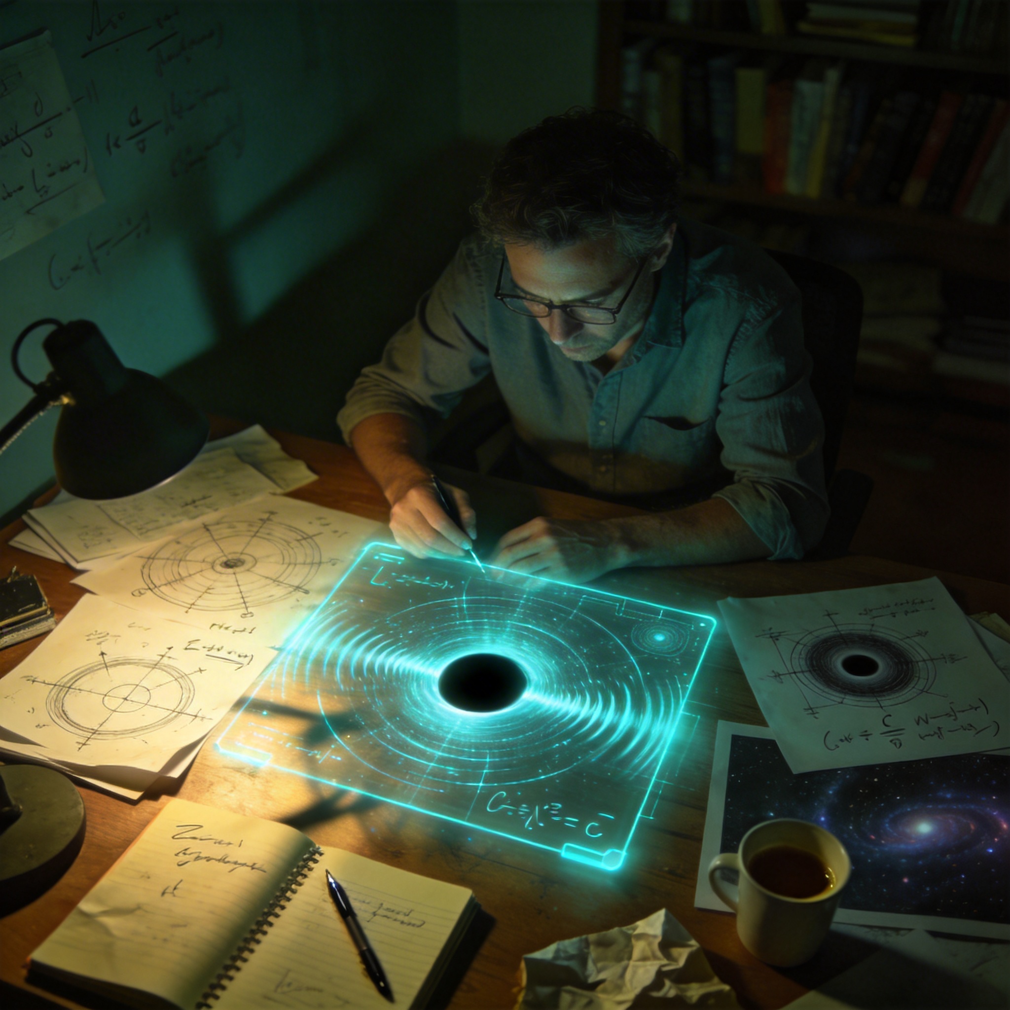 Theoretical physicist working on black hole equations with AI assistance, symbolizing accelerated discovery.