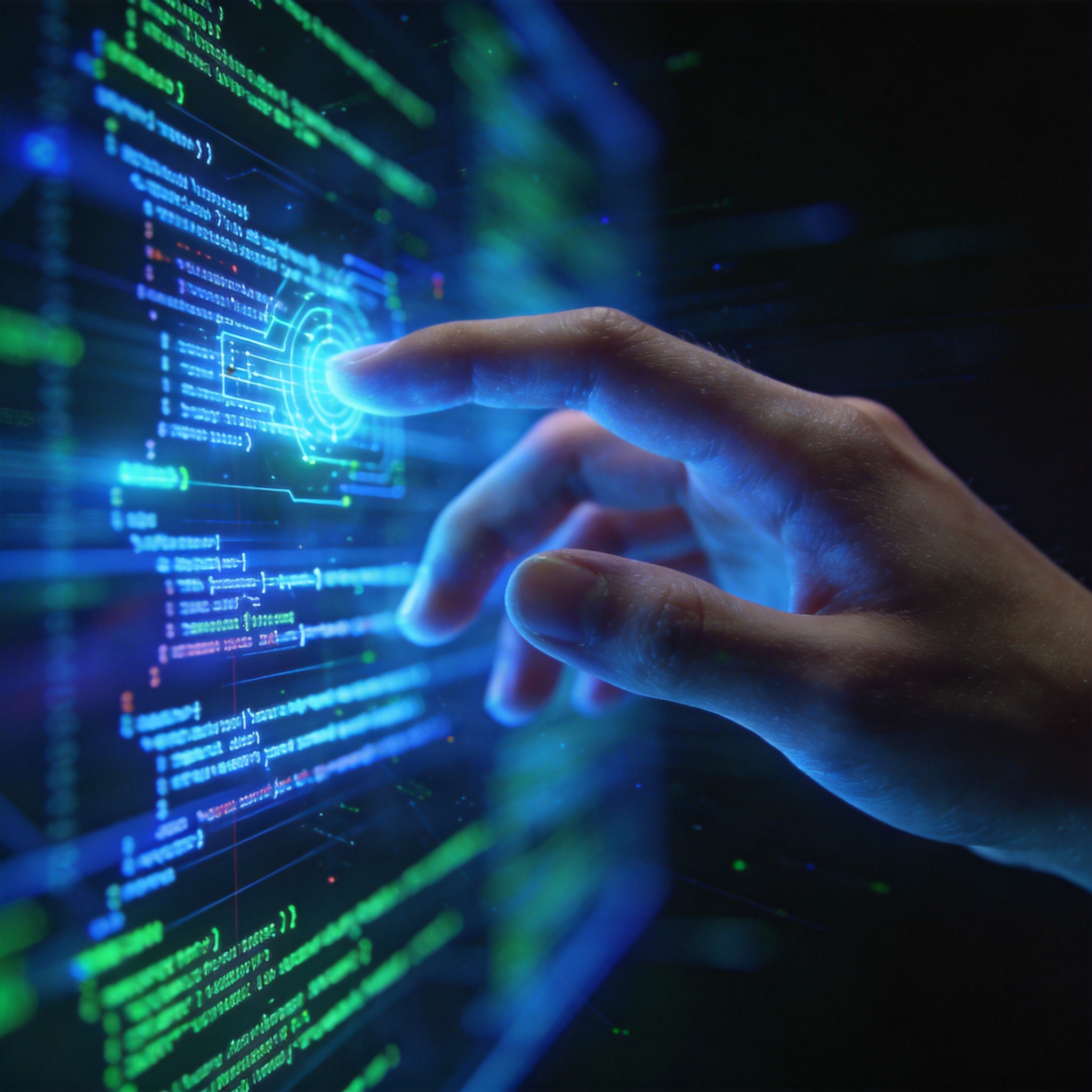 Human hand interacting with a holographic interface showing complex code and data, representing AI programming.