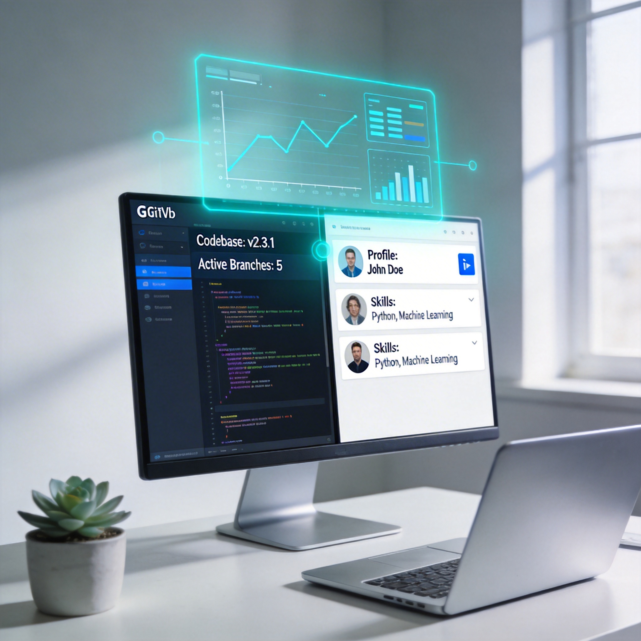 Digital agent's multi-step process: GitHub code, LinkedIn profiles, and data analytics on a computer screen.