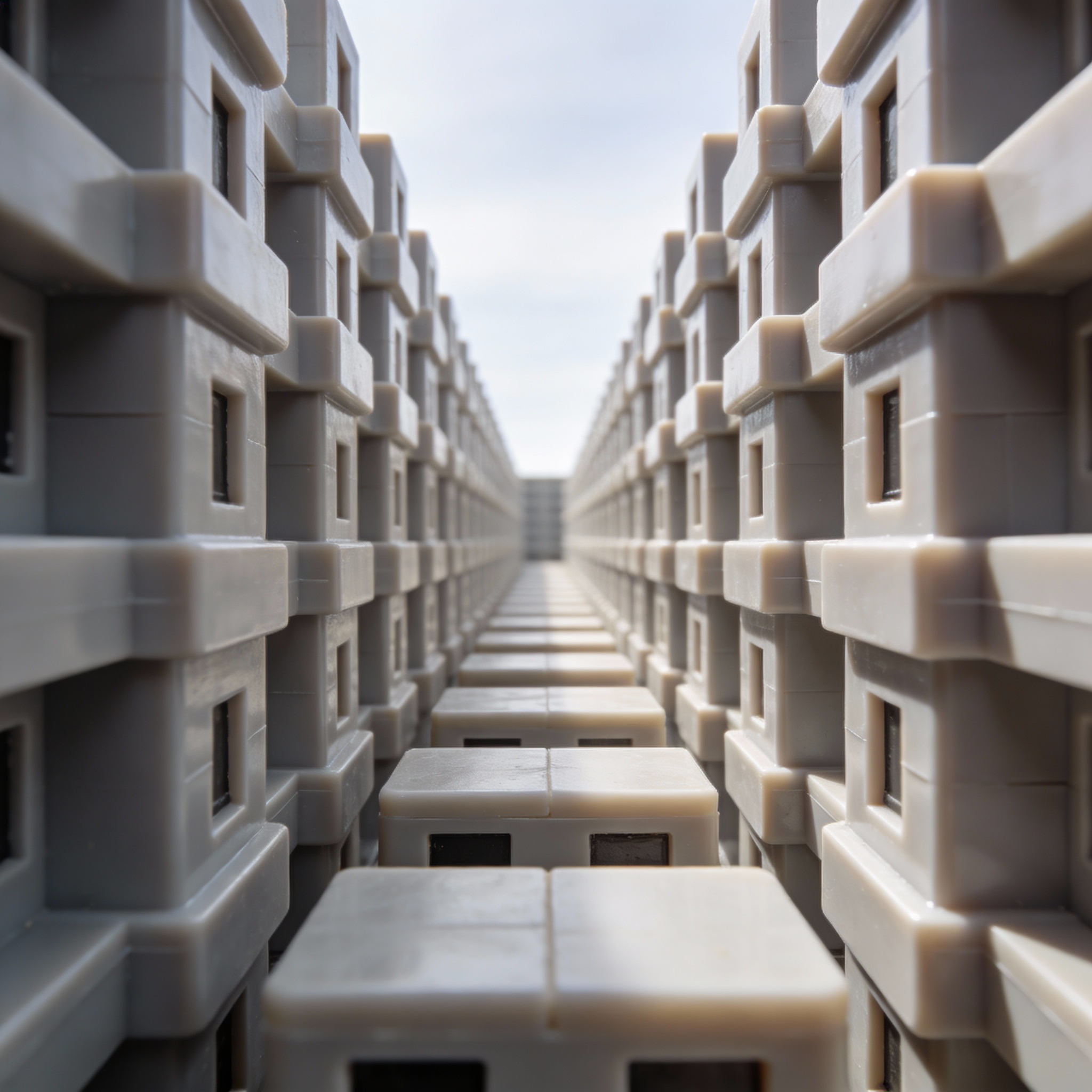 Identical, sterile building blocks stretching into the distance, symbolizing templated language.