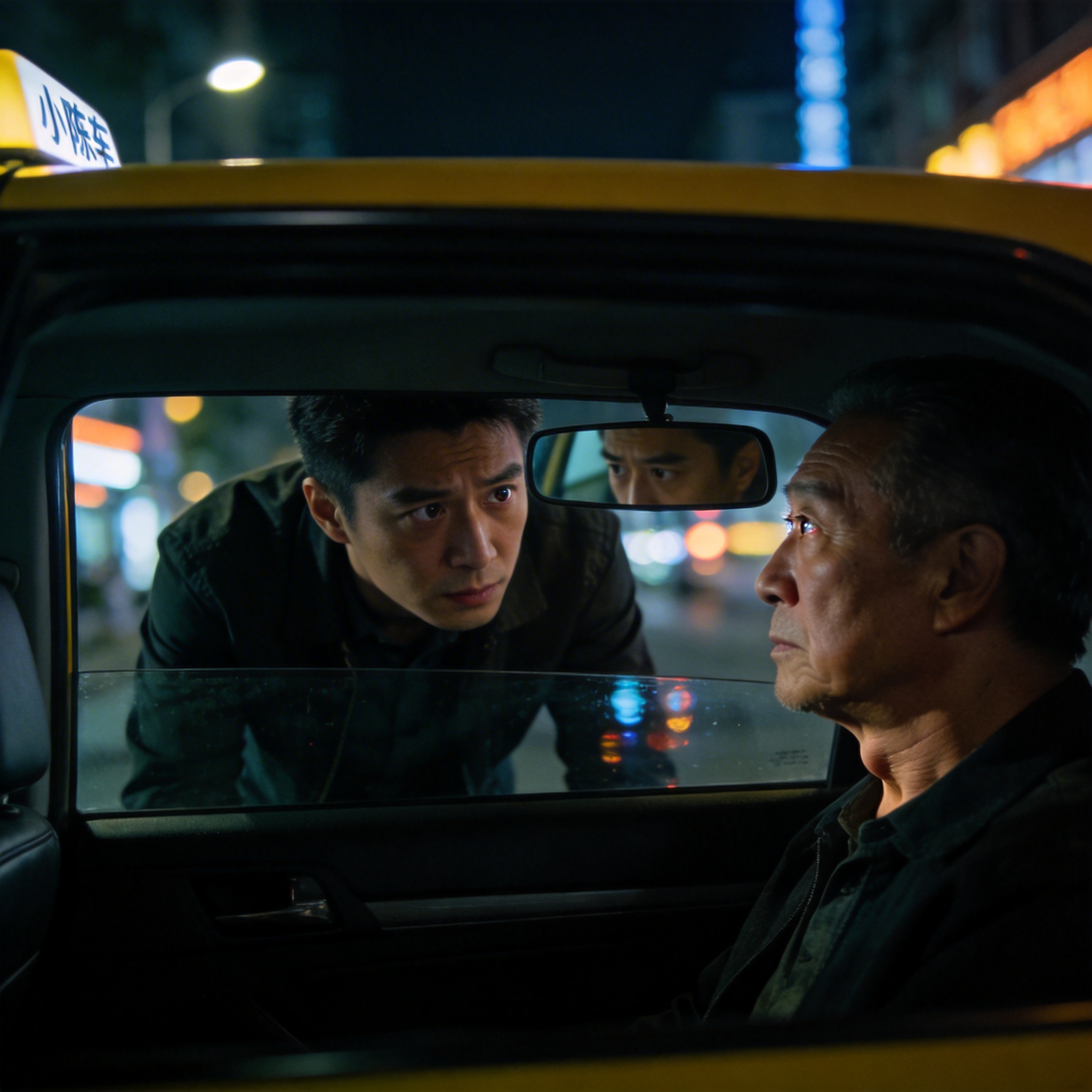 Intense dialogue scene in a car's backseat, viewed through the rearview mirror, showing character blocking.