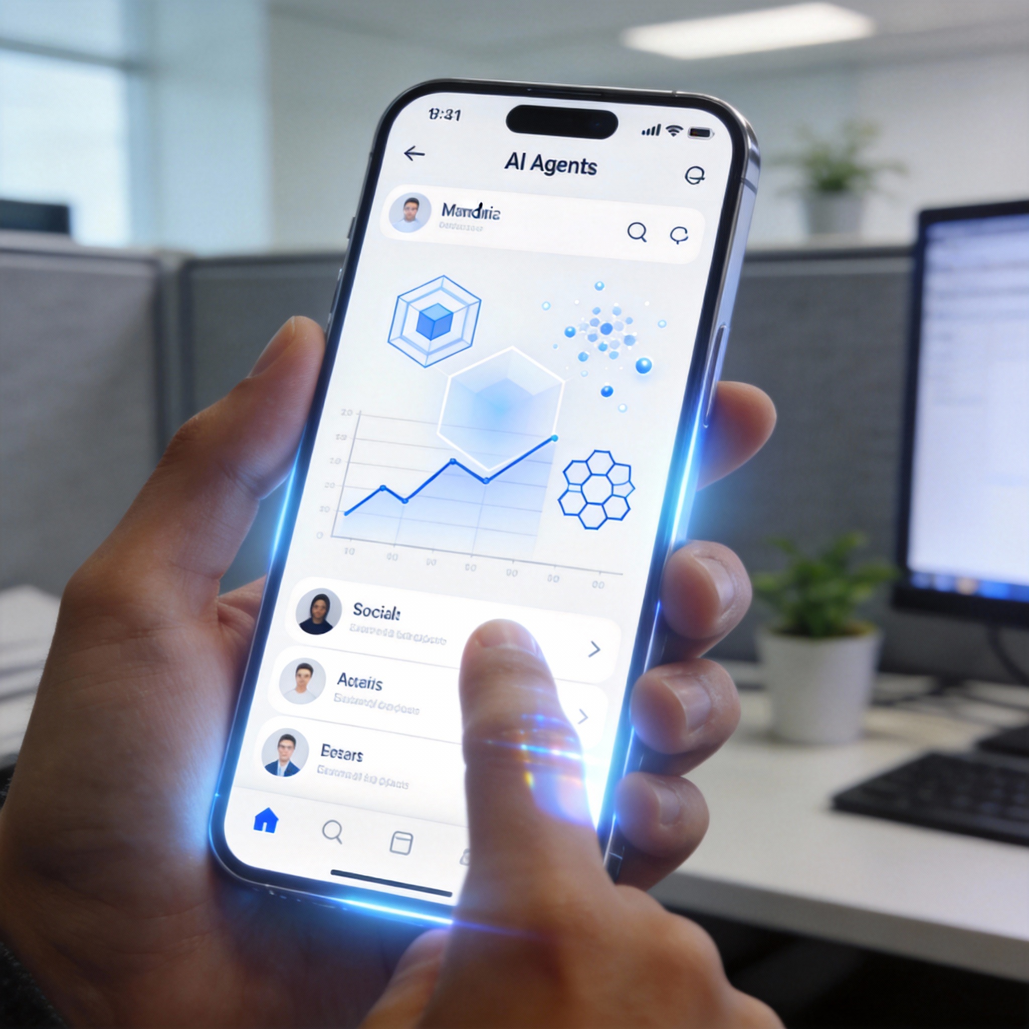 Human hand holding a smartphone displaying an AI-centric social network interface.