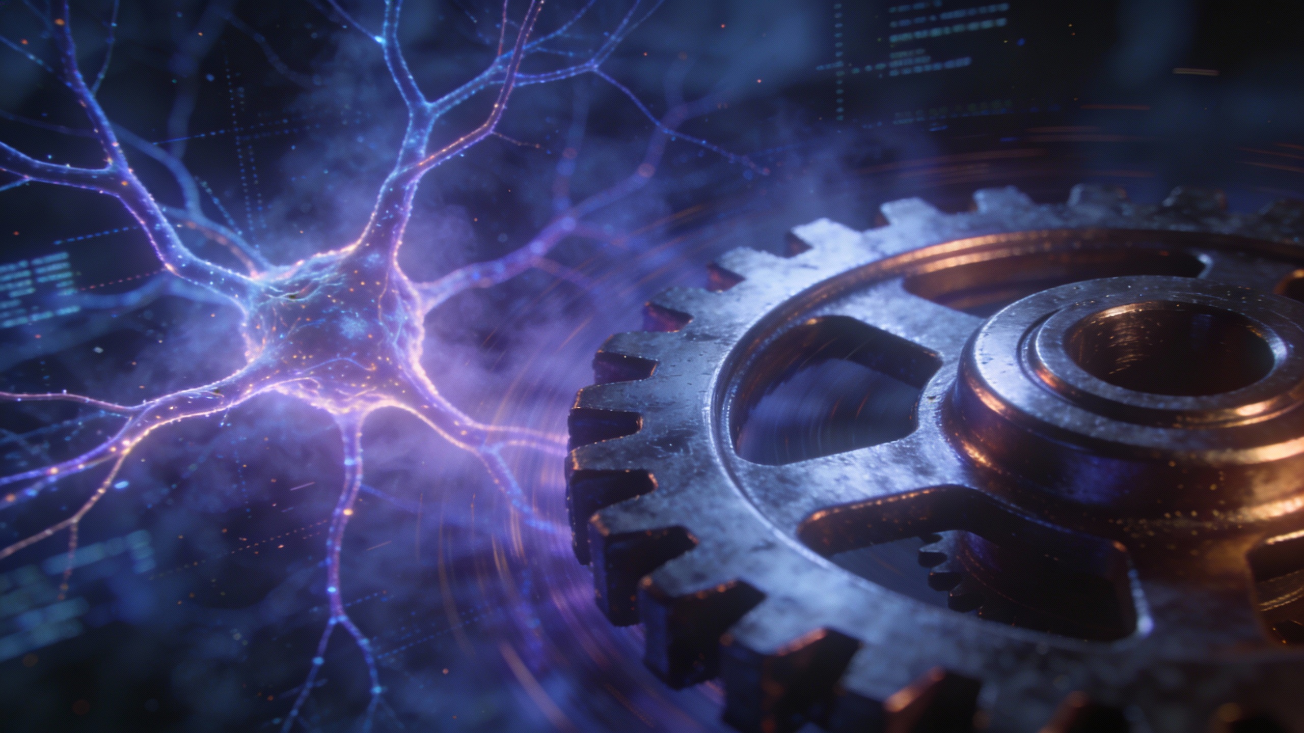 A glowing neural network with a slowing metallic gear, symbolizing AI's computational limits.