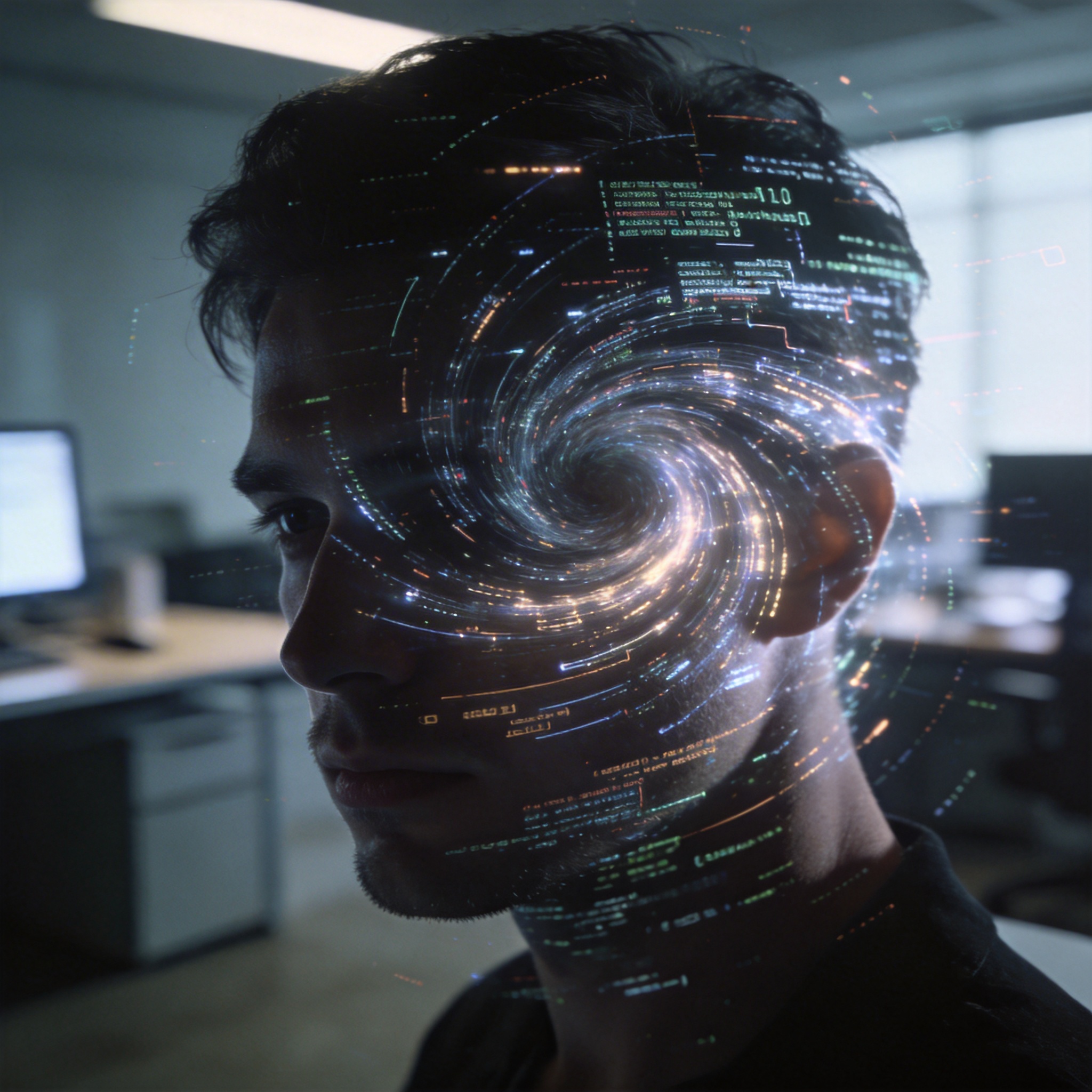 Abstract depiction of a human mind integrated with digital code, symbolizing 'AI psychosis.'
