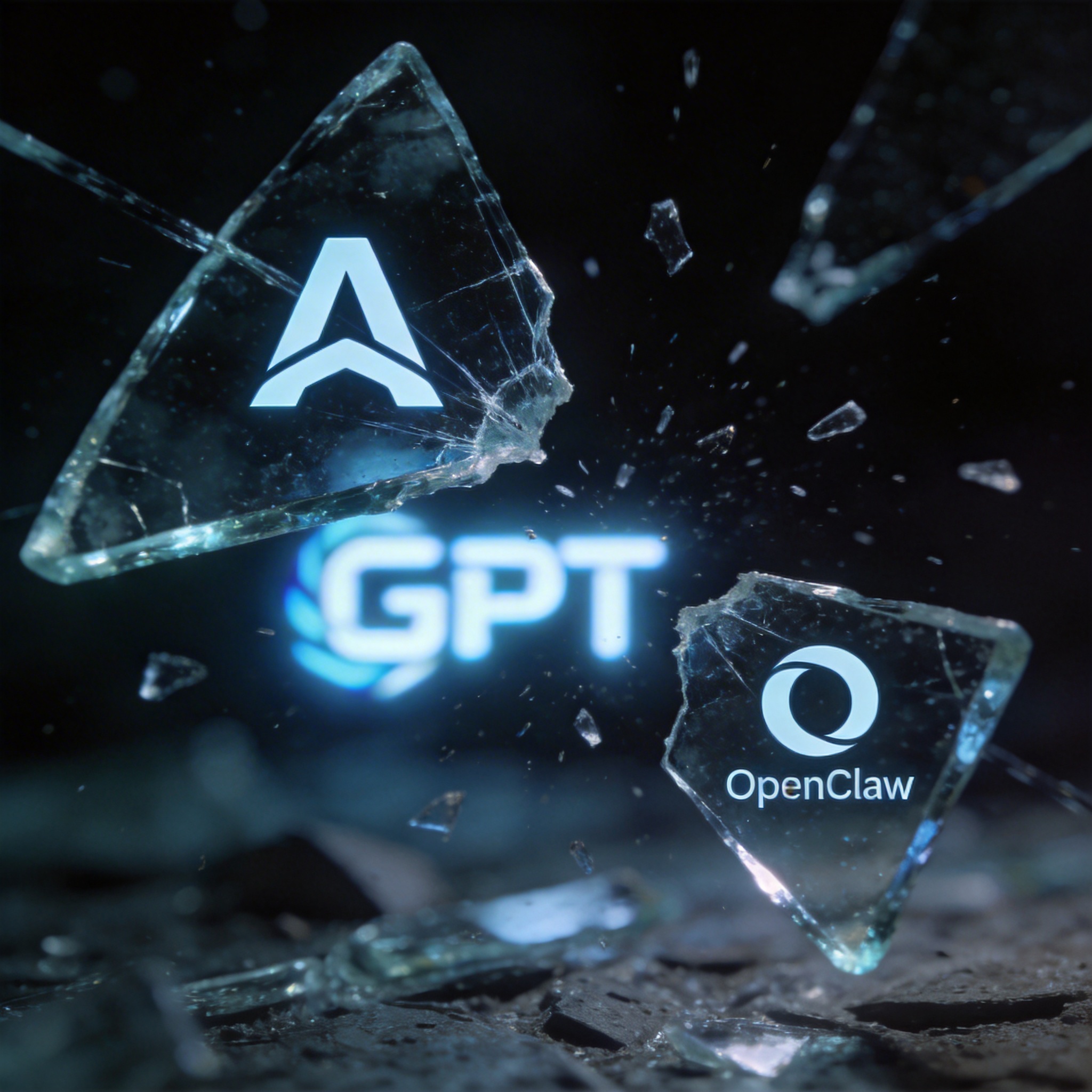 Shattered glass shards, one with 'A' for Anthropic, another with 'O' for OpenClaw, separating, with a glowing 'GPT' in background.
