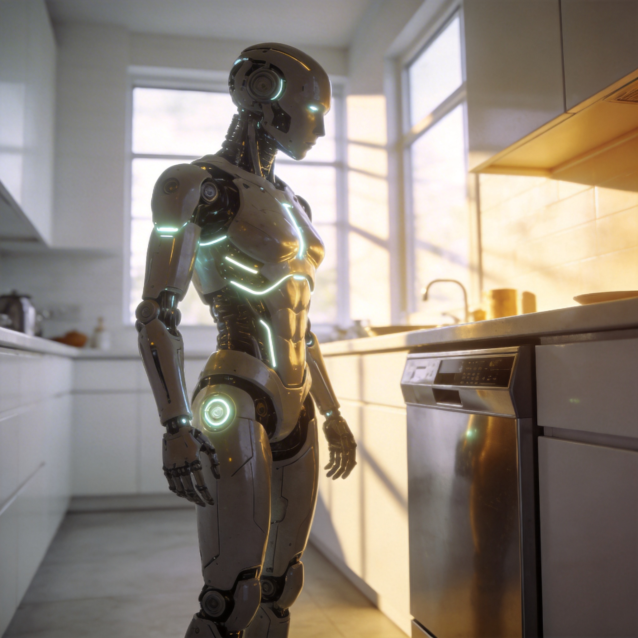 Humanoid robot in a kitchen, symbolizing future household assistance.