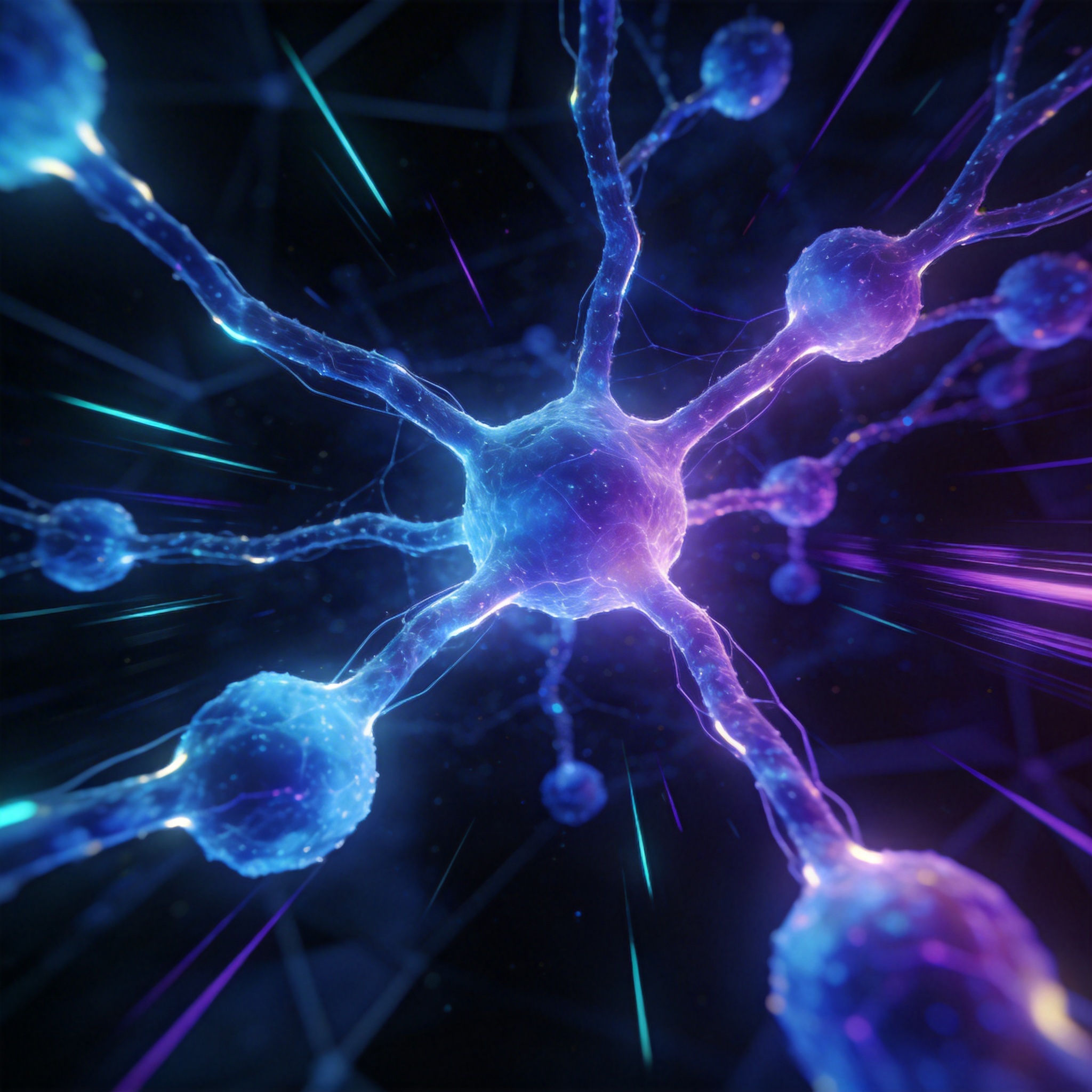 Accelerating, interconnected glowing nodes in a neural network, symbolizing rapid AI training.