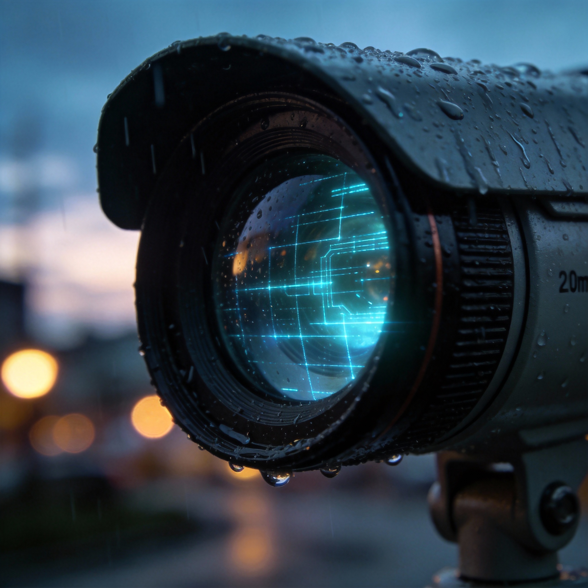 Surveillance camera lens covered in rain streaks, with a digital overlay showing AI analysis of the visual degradation.