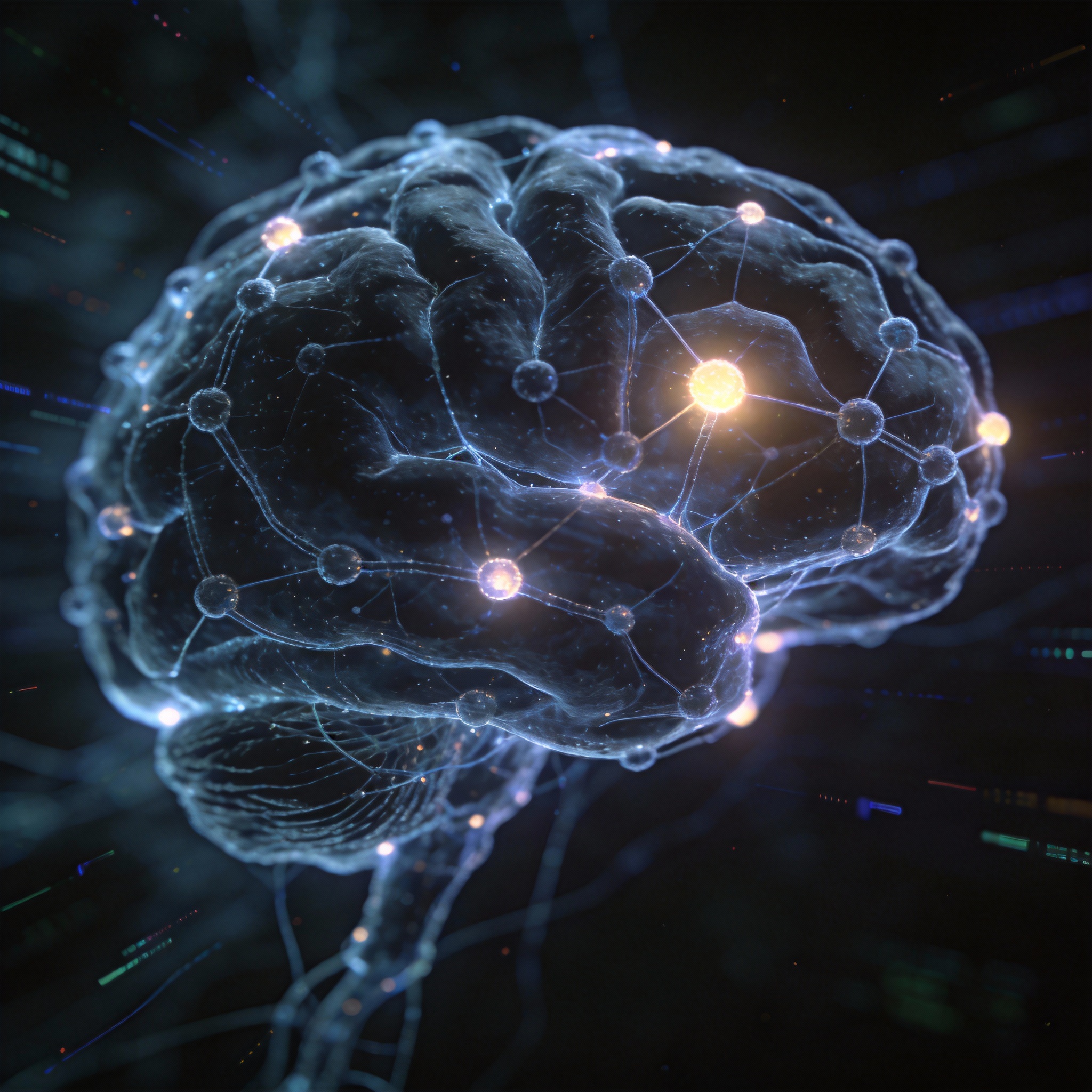 Digital brain with glowing nodes and complex pathways, symbolizing AI self-awareness.