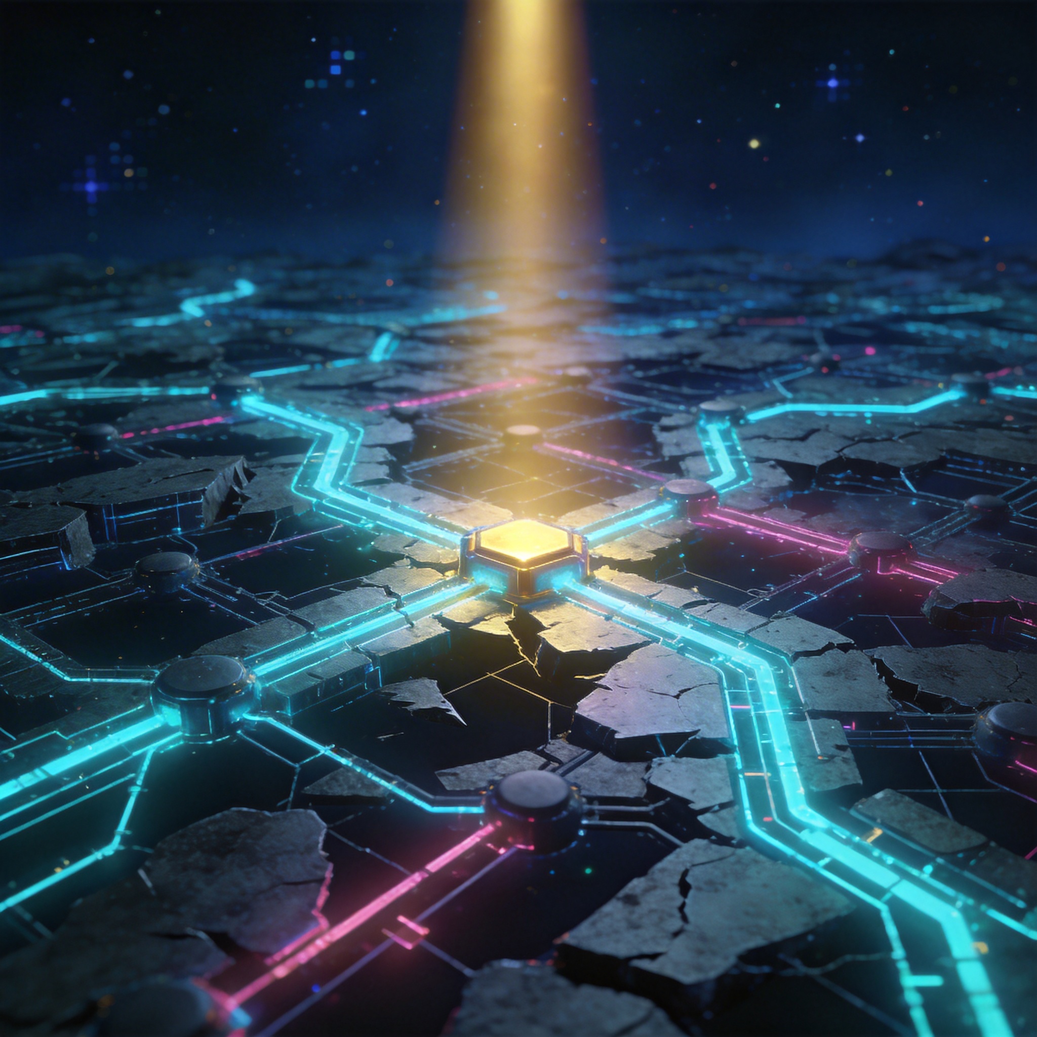 Abstract digital web with a central glowing node, symbolizing a 'jailbreak strategy' or unconventional AI solution.