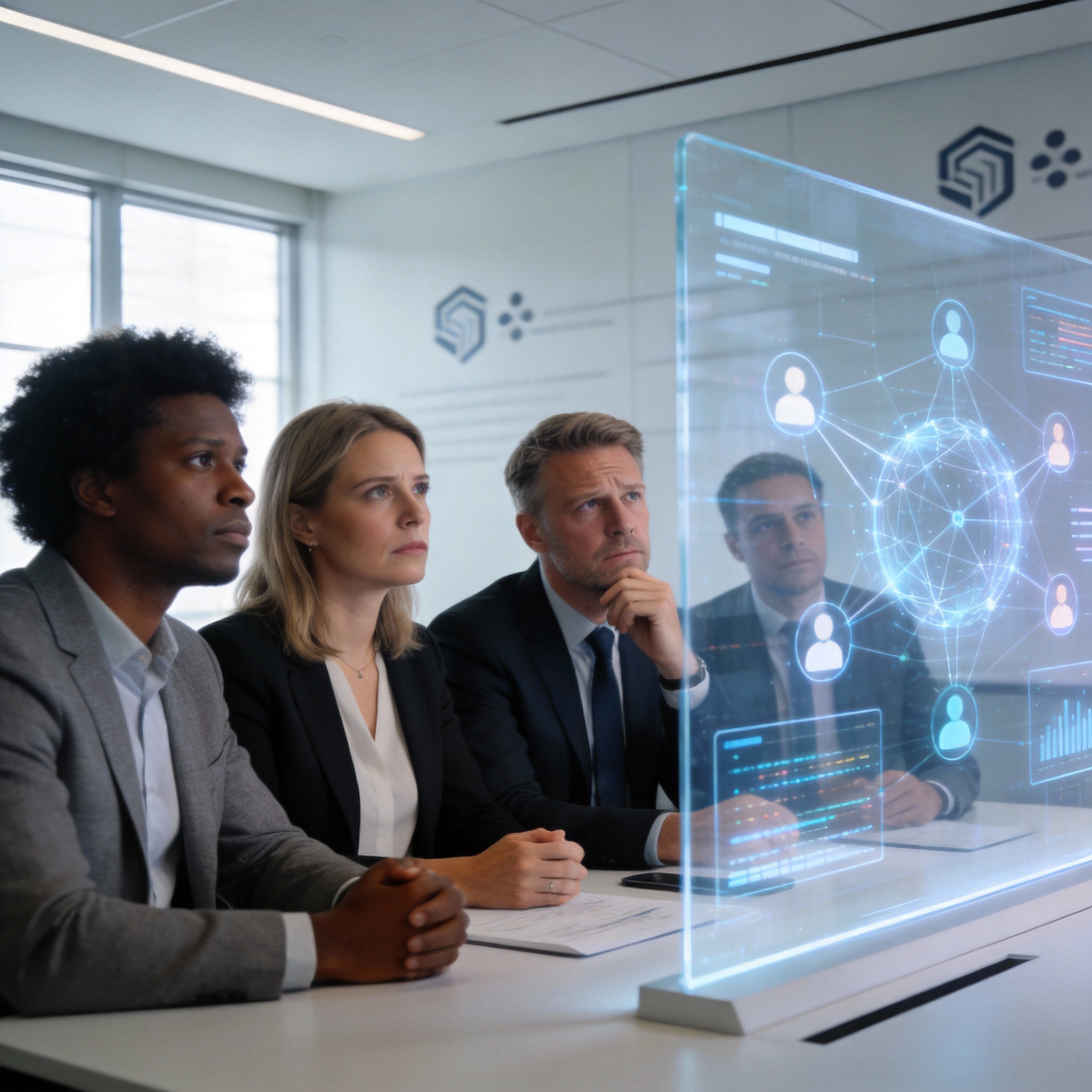 Technology leaders in a conference room discussing AI, with abstract data on a transparent screen.