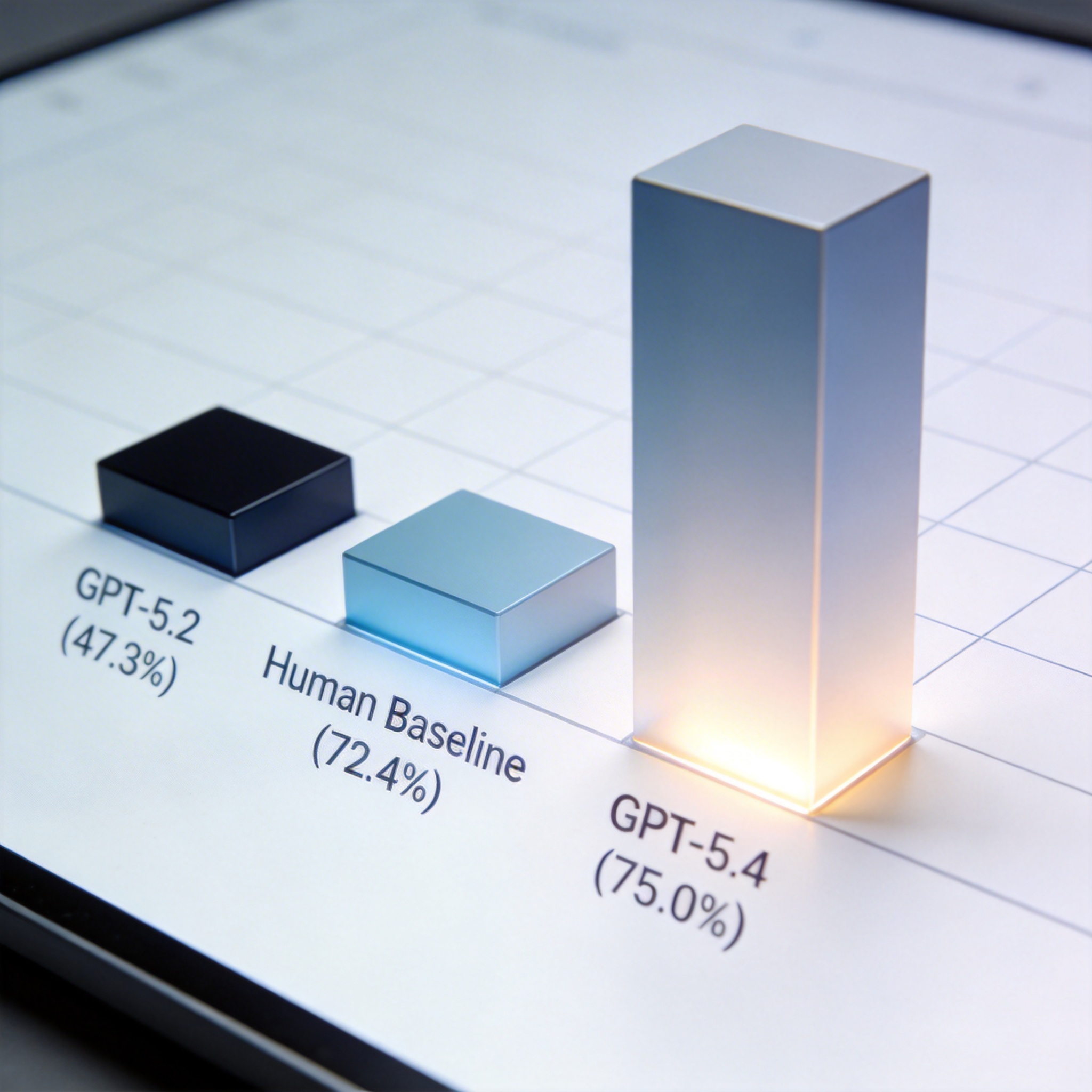 Bar chart showing GPT-5.4 surpassing human baseline in desktop navigation success rate.