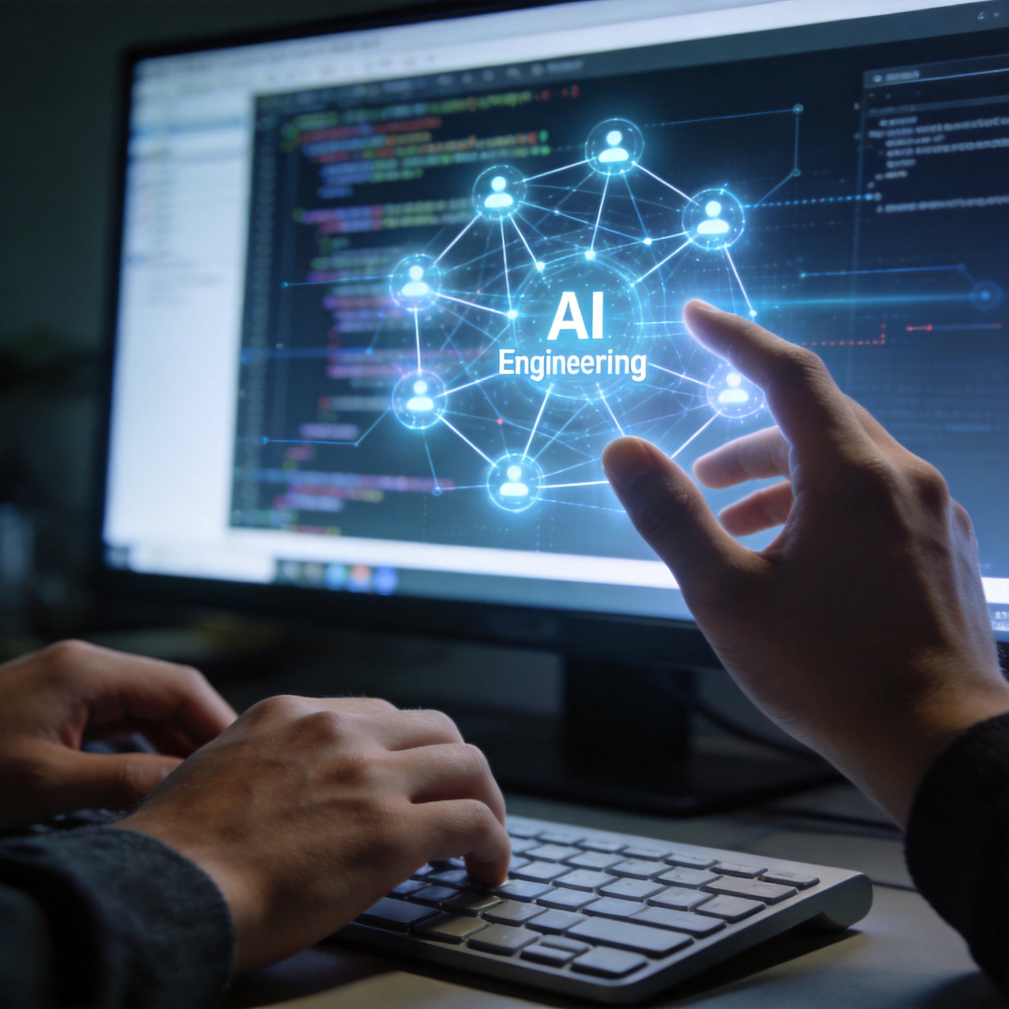 Developer's hands orchestrating AI agents on a holographic interface, symbolizing 'Agent Engineering'.