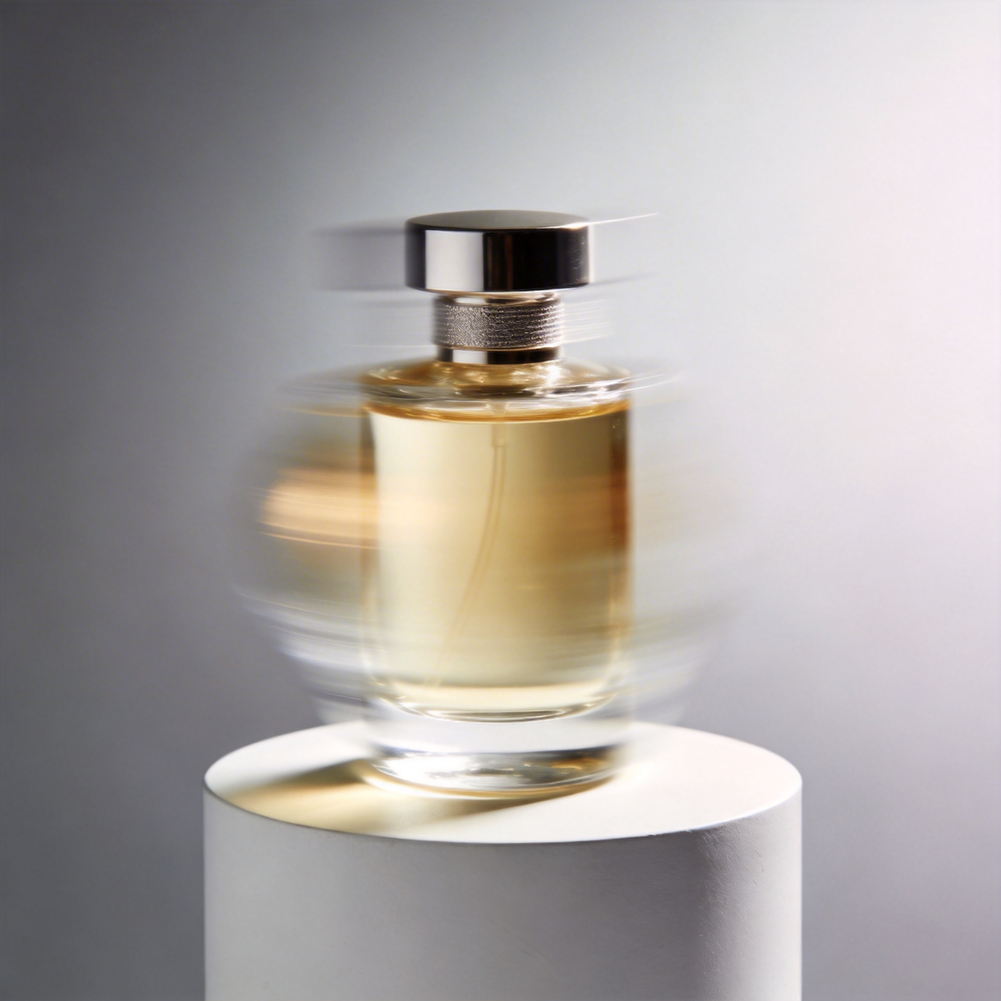 High-end perfume bottle rotating on a pedestal, demonstrating AI's consistency in product visualization.