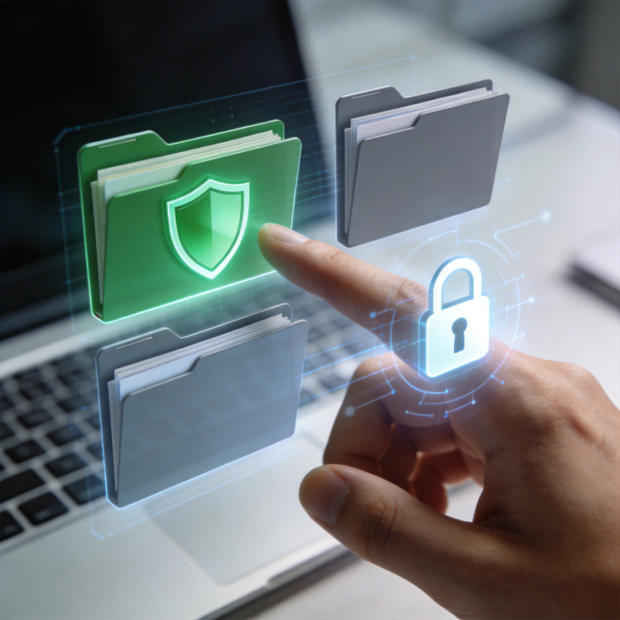 Holographic interface showing file security and sandboxing, with protected folders.
