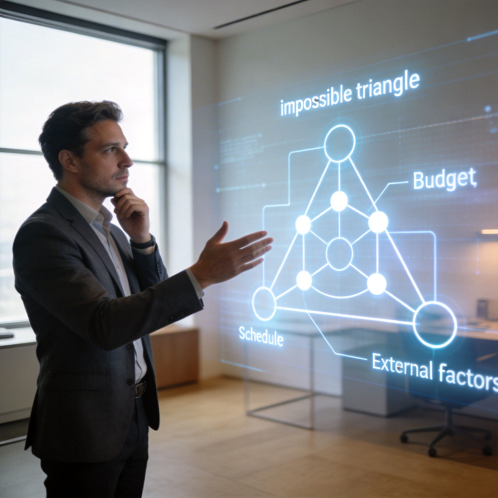 Advertising executive explaining complex production challenges with a holographic workflow diagram.