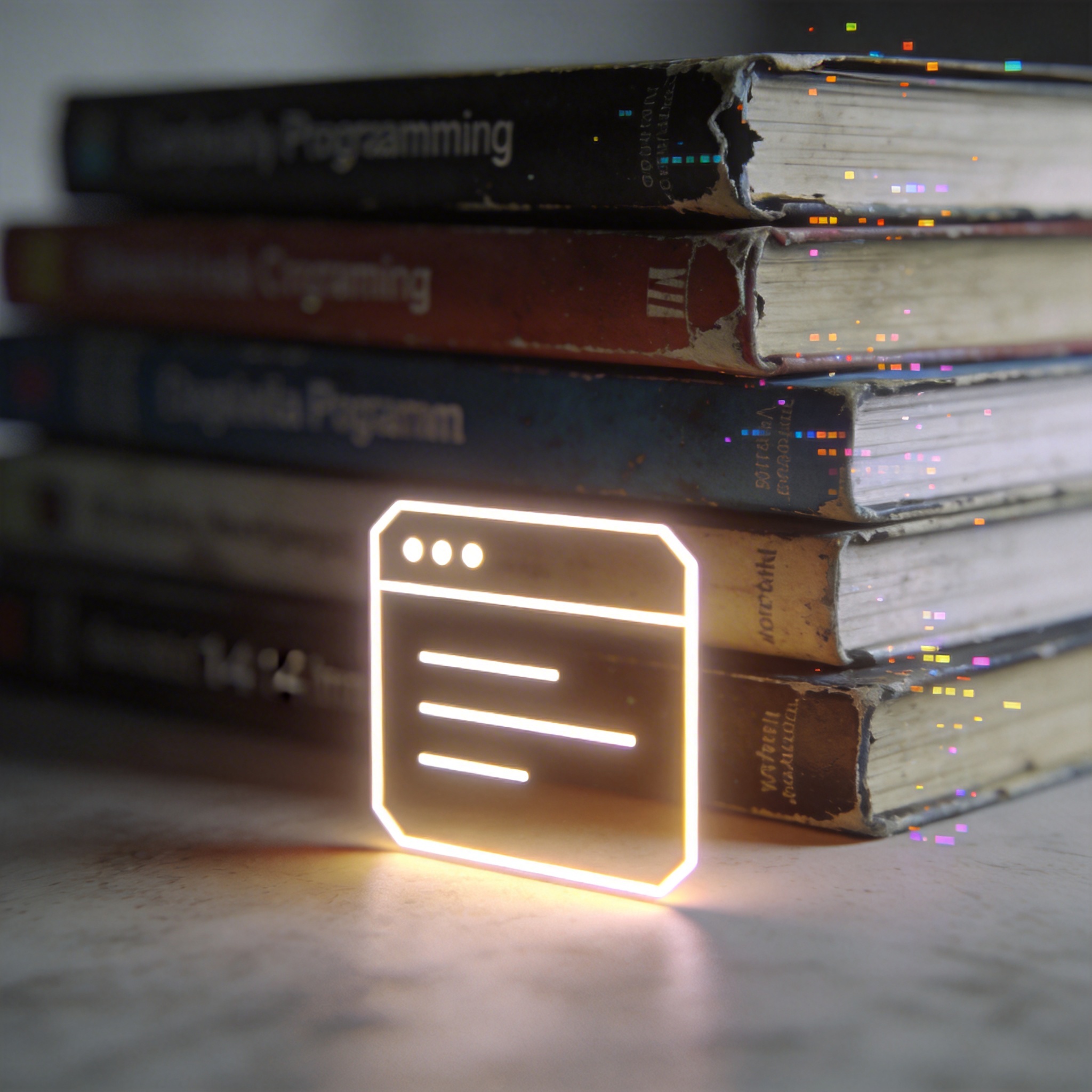 Stack of dissolving programming books next to a glowing digital icon, symbolizing the declining value of specialized coding knowledge.