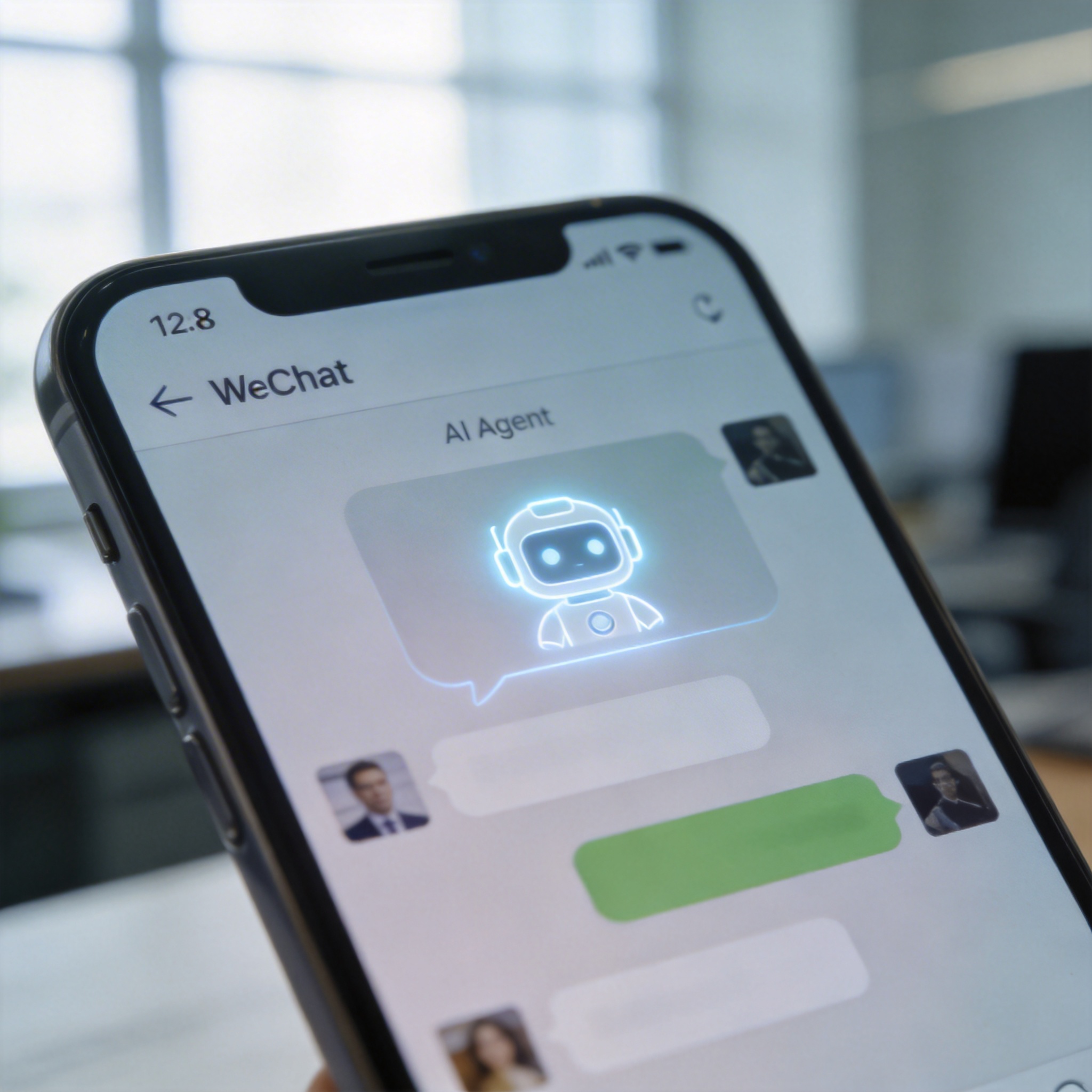 Smartphone screen showing WeChat chat with an integrated AI assistant icon, symbolizing Tencent's new agent.