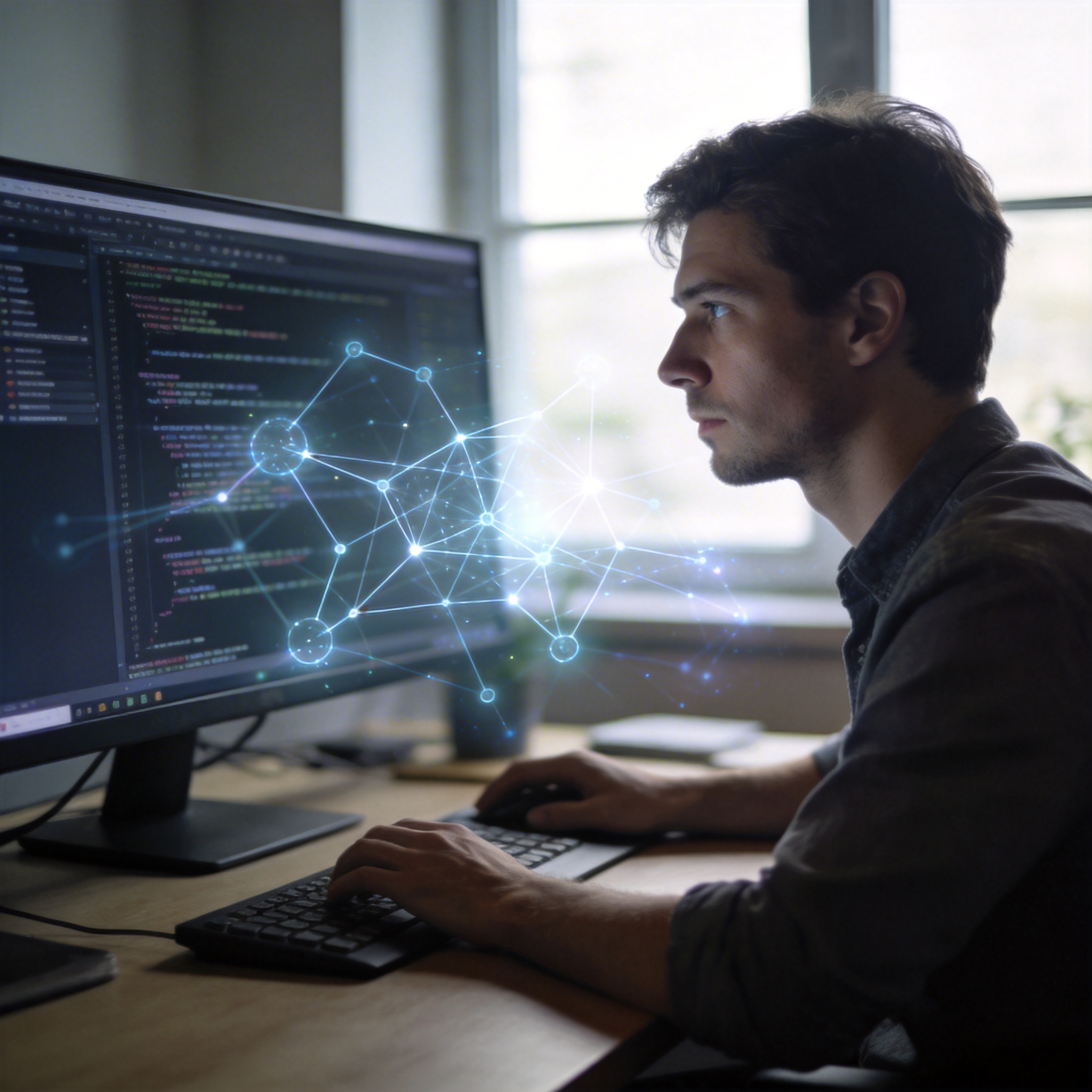 A software developer reviewing code on a monitor, with abstract AI neural network patterns subtly integrated, illustrating human-AI collaboration.