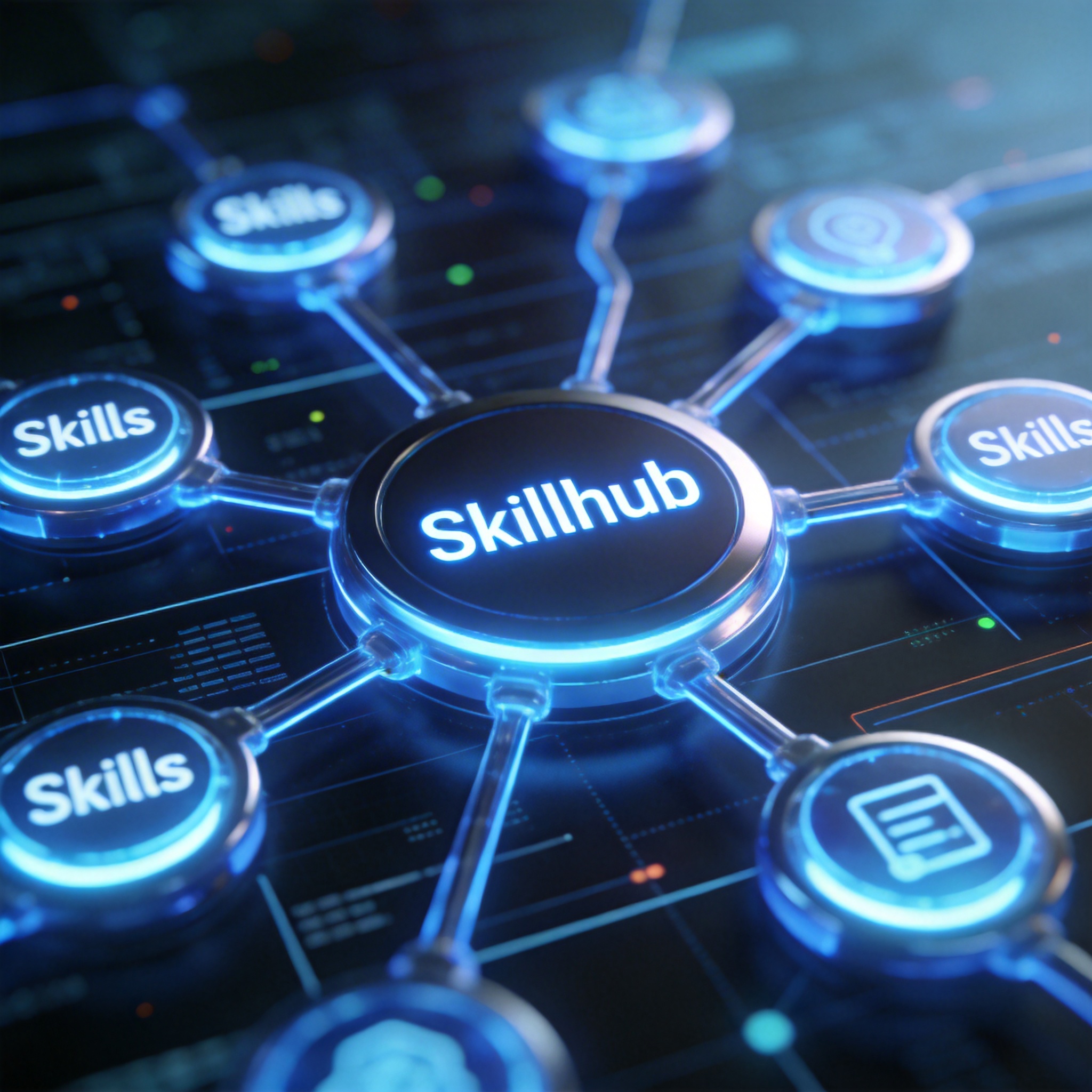 Digital 'Skills' icons converging into a central 'Skillhub' interface, symbolizing a platform for AI functionalities.