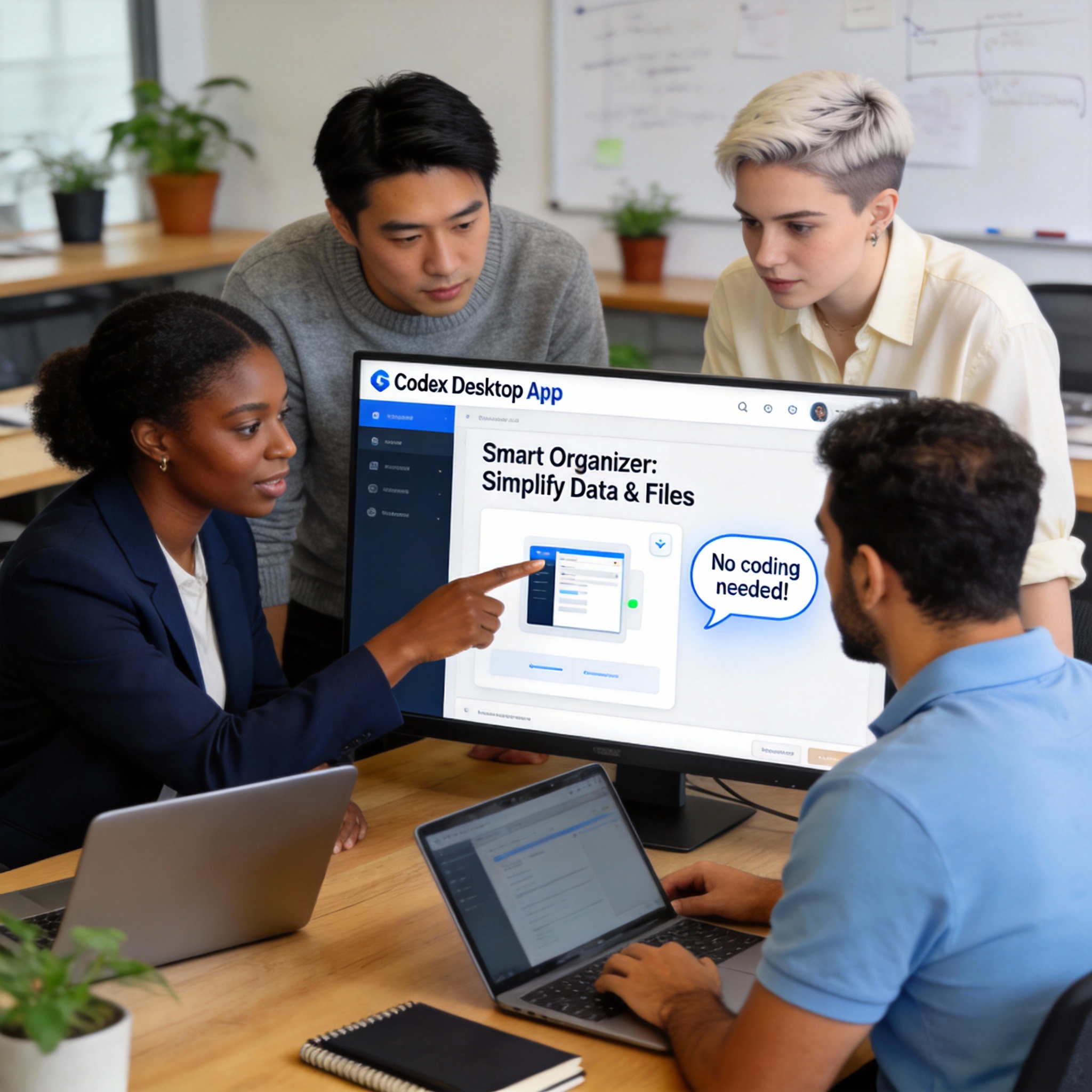 Diverse professionals using Codex Desktop App for tasks beyond coding, like data organization and file processing.